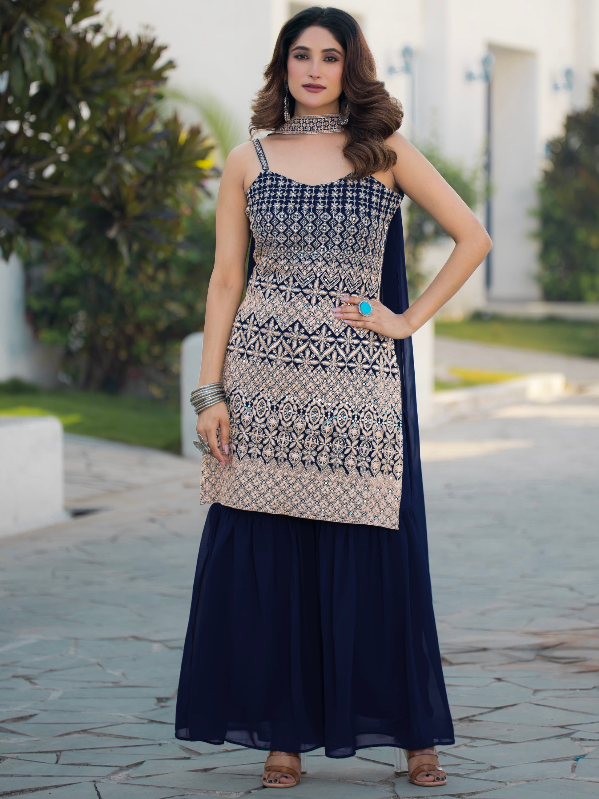 Amazing Navy Blue Embroidered Georgette Event Wear Sharara Suit