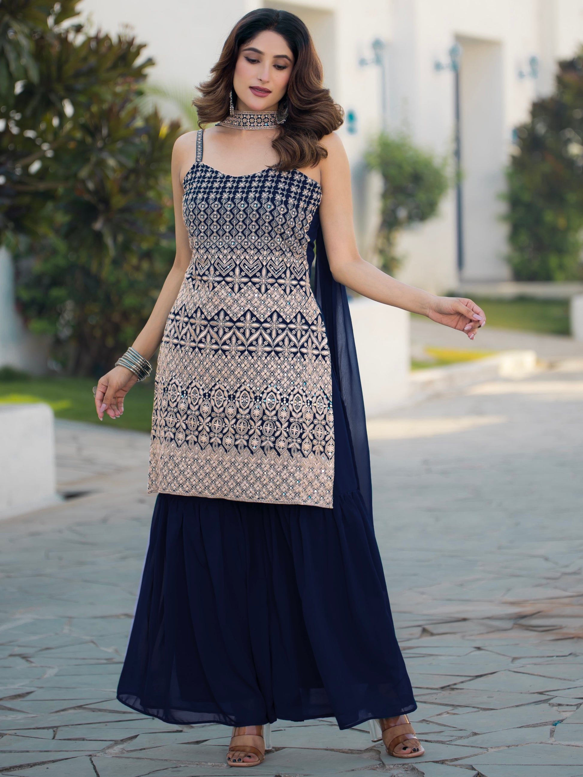 Amazing Navy Blue Embroidered Georgette Event Wear Sharara Suit