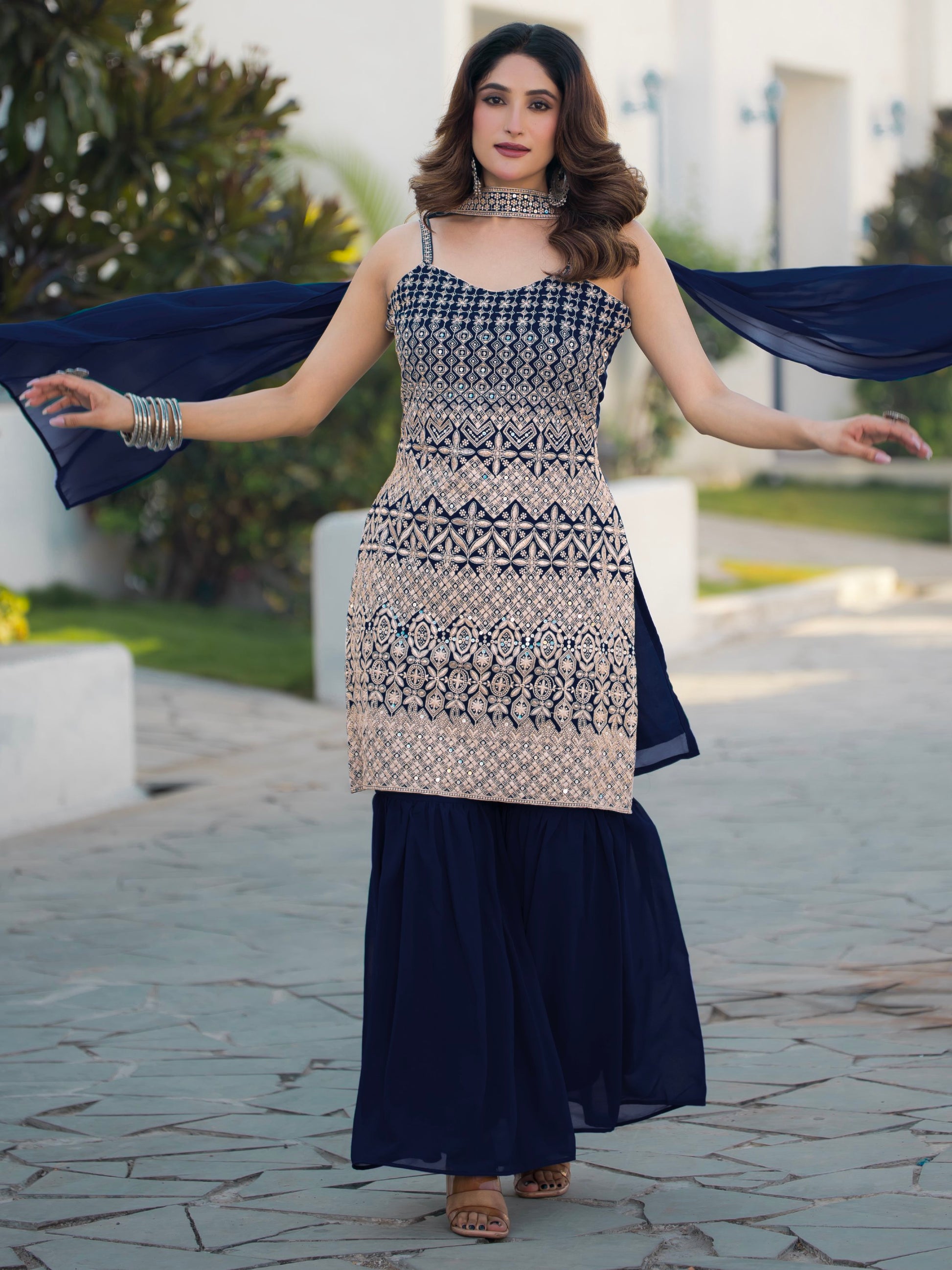 Amazing Navy Blue Embroidered Georgette Event Wear Sharara Suit