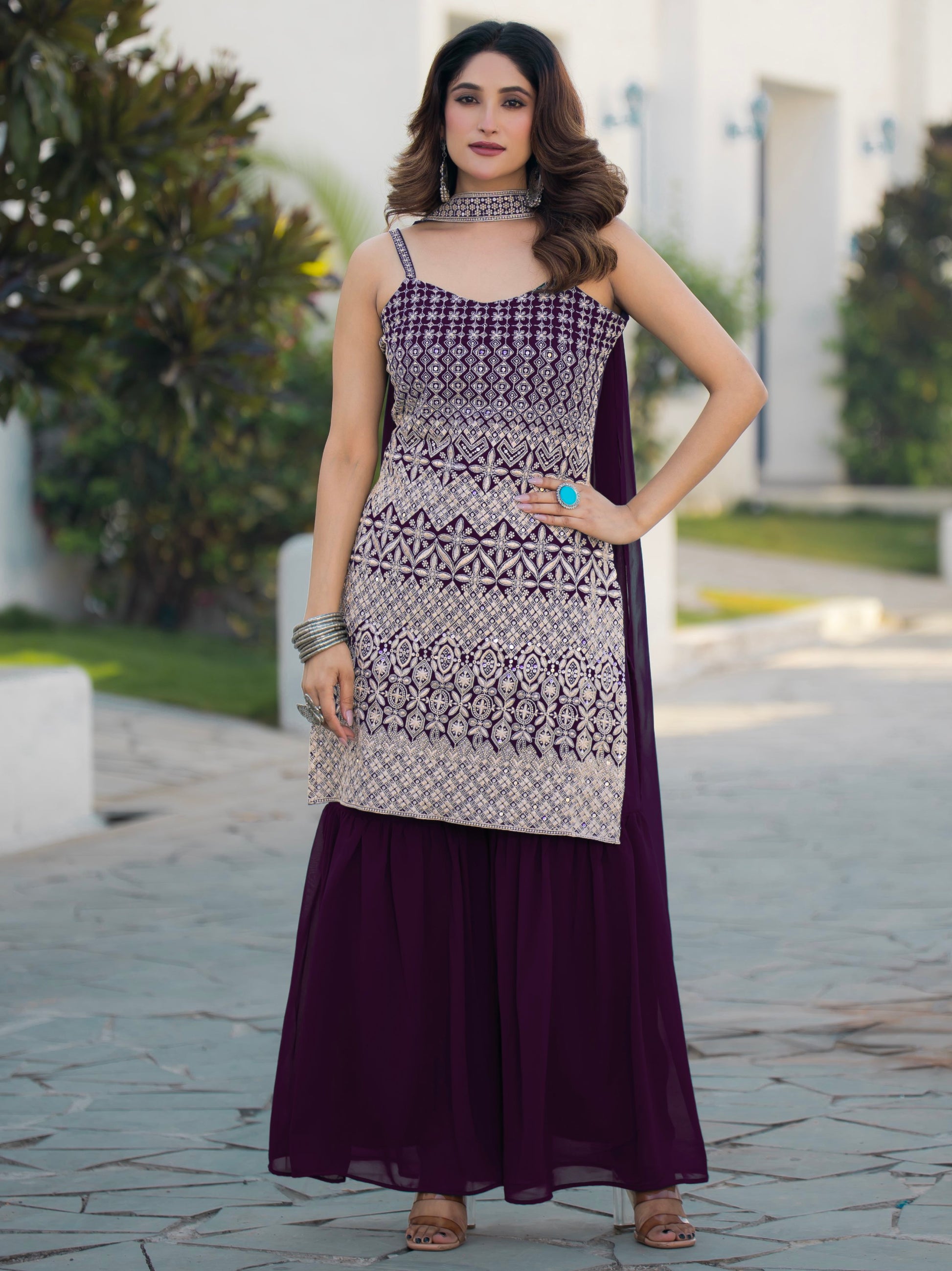 Precious Purple Sequins Work Georgette Festive Wear Sharara Suit
