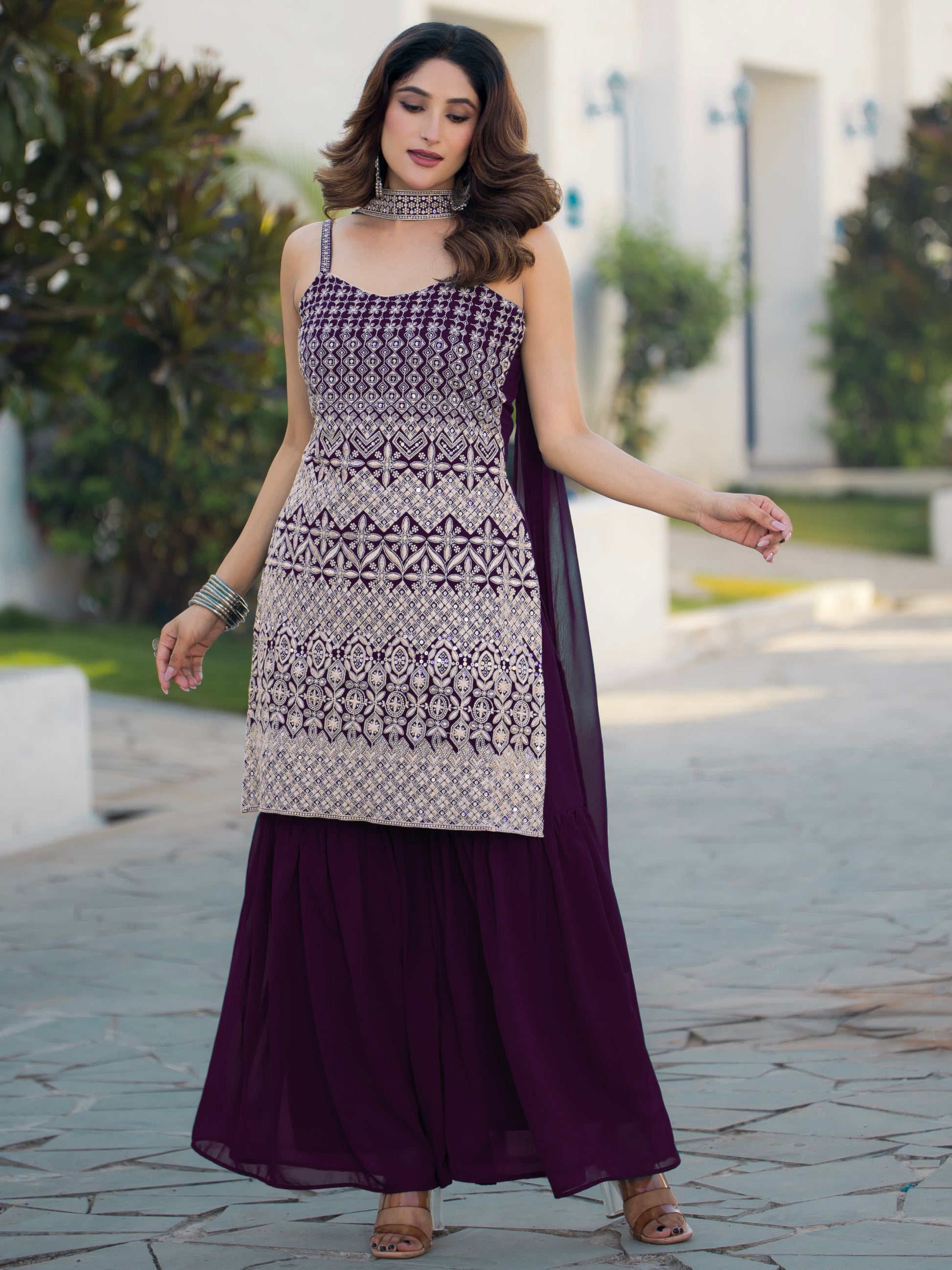 Precious Purple Sequins Work Georgette Festive Wear Sharara Suit