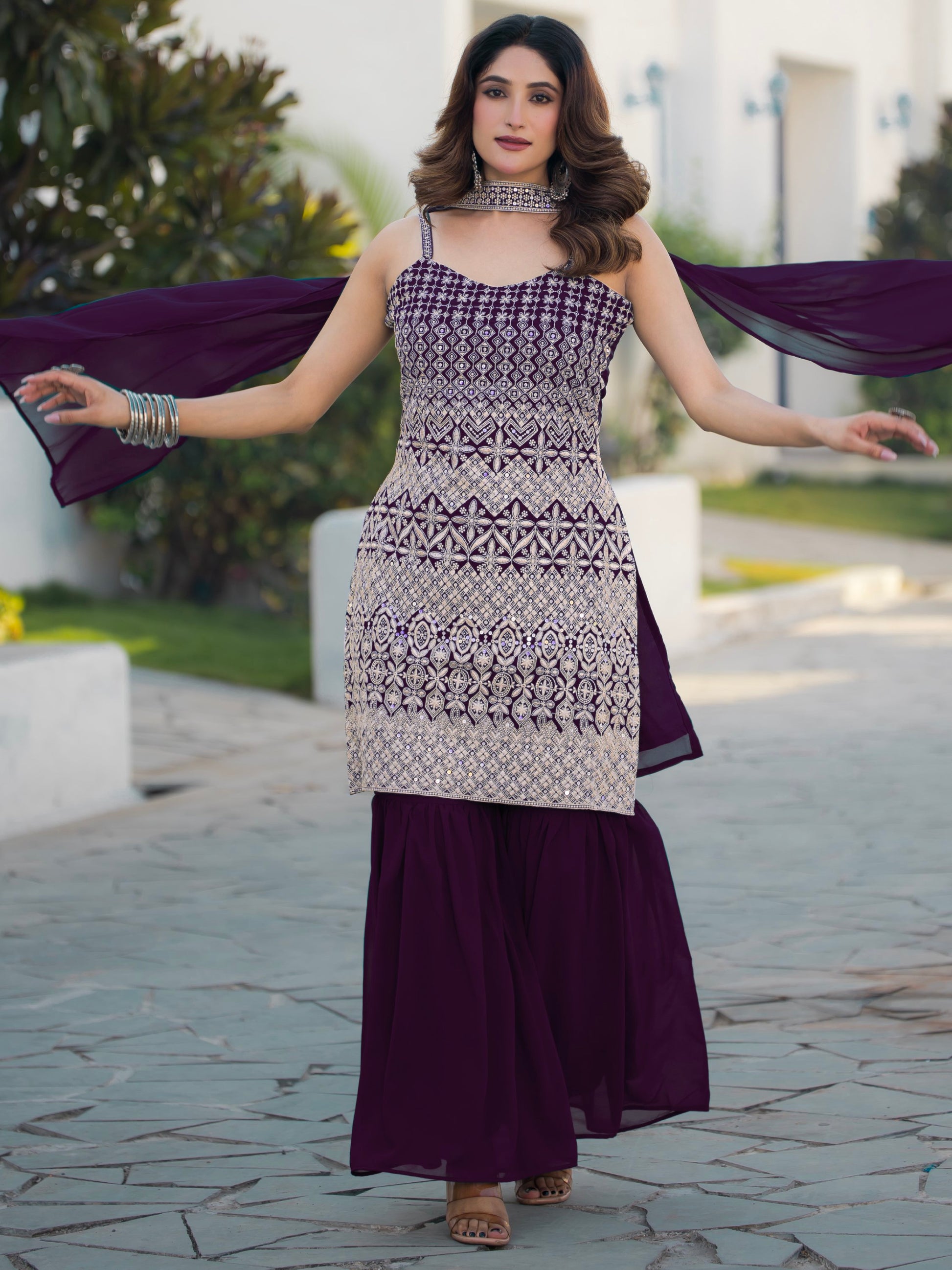 Precious Purple Sequins Work Georgette Festive Wear Sharara Suit