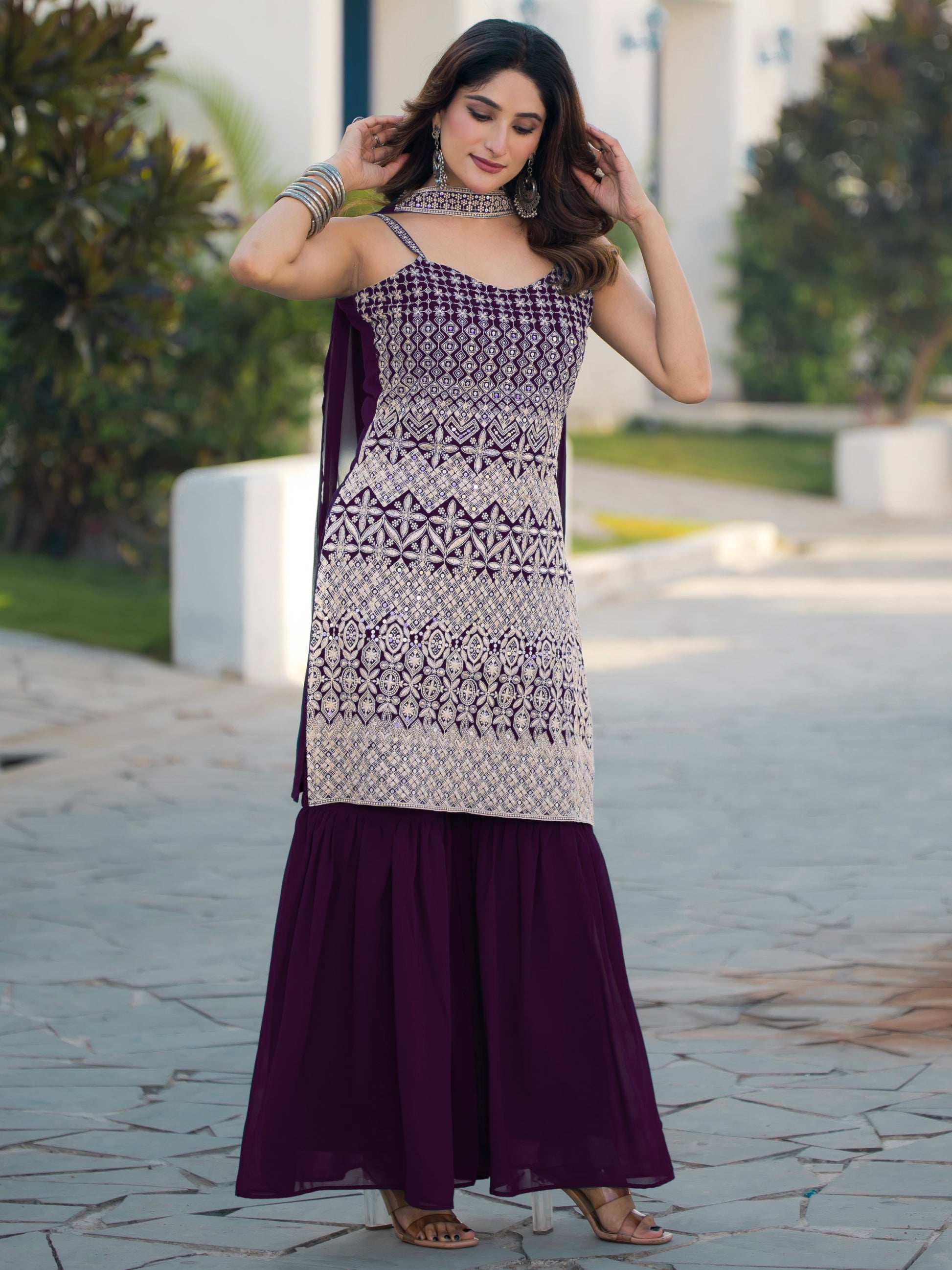 Precious Purple Sequins Work Georgette Festive Wear Sharara Suit