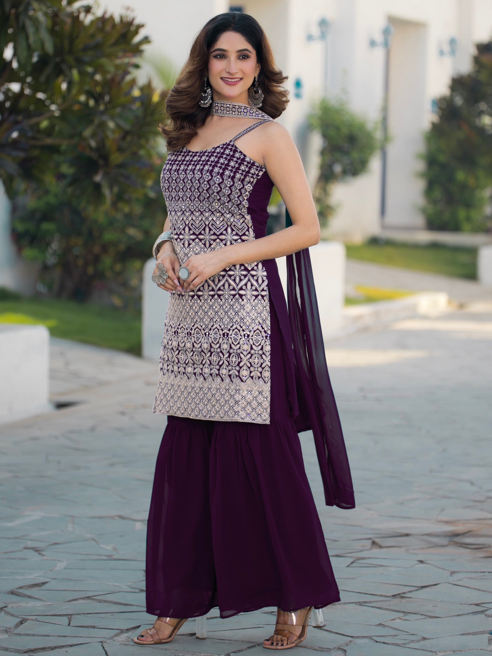 Precious Purple Sequins Work Georgette Festive Wear Sharara Suit