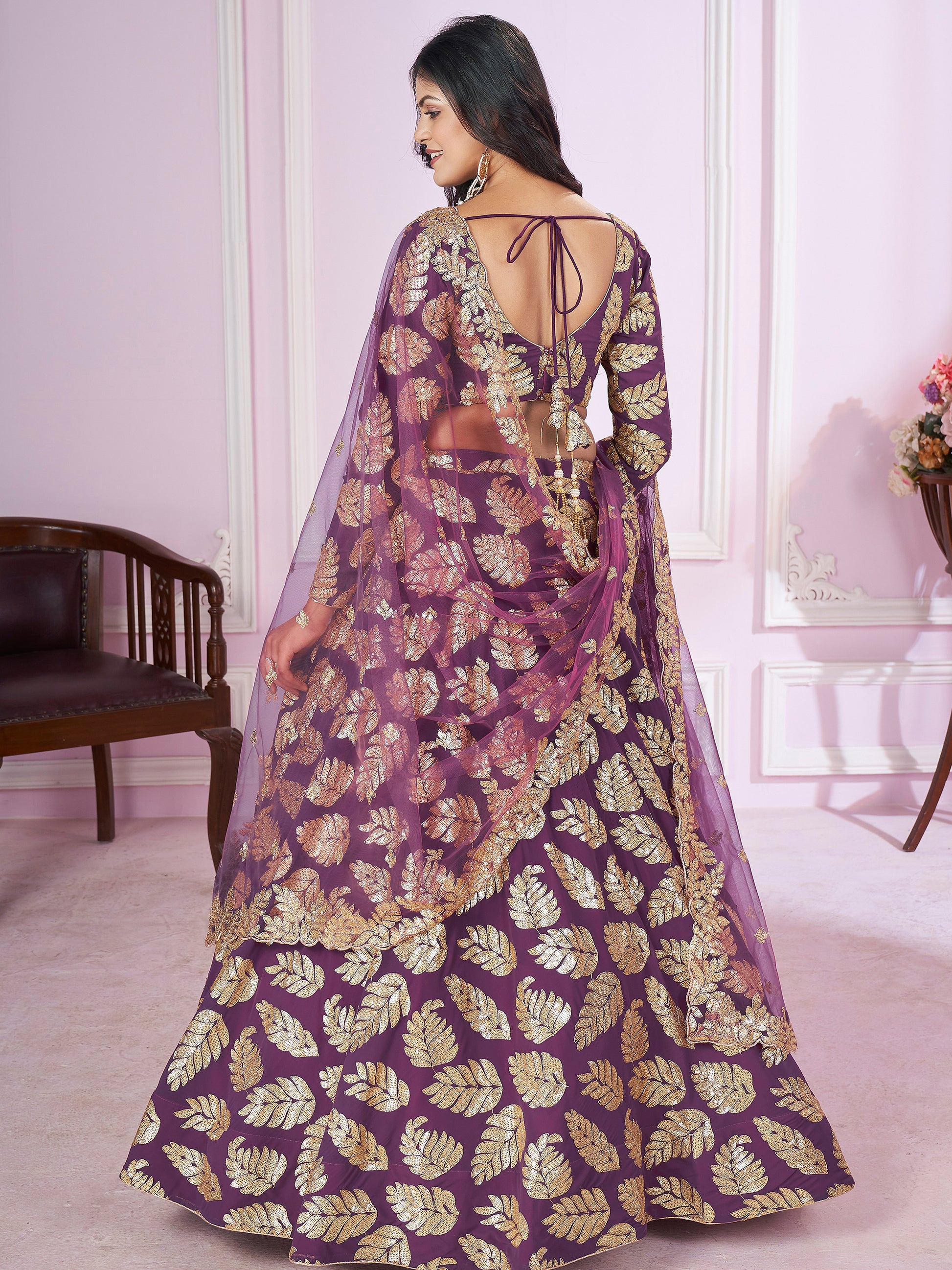 Attractive Purple Sequins Georgette Wedding Lehenga Choli