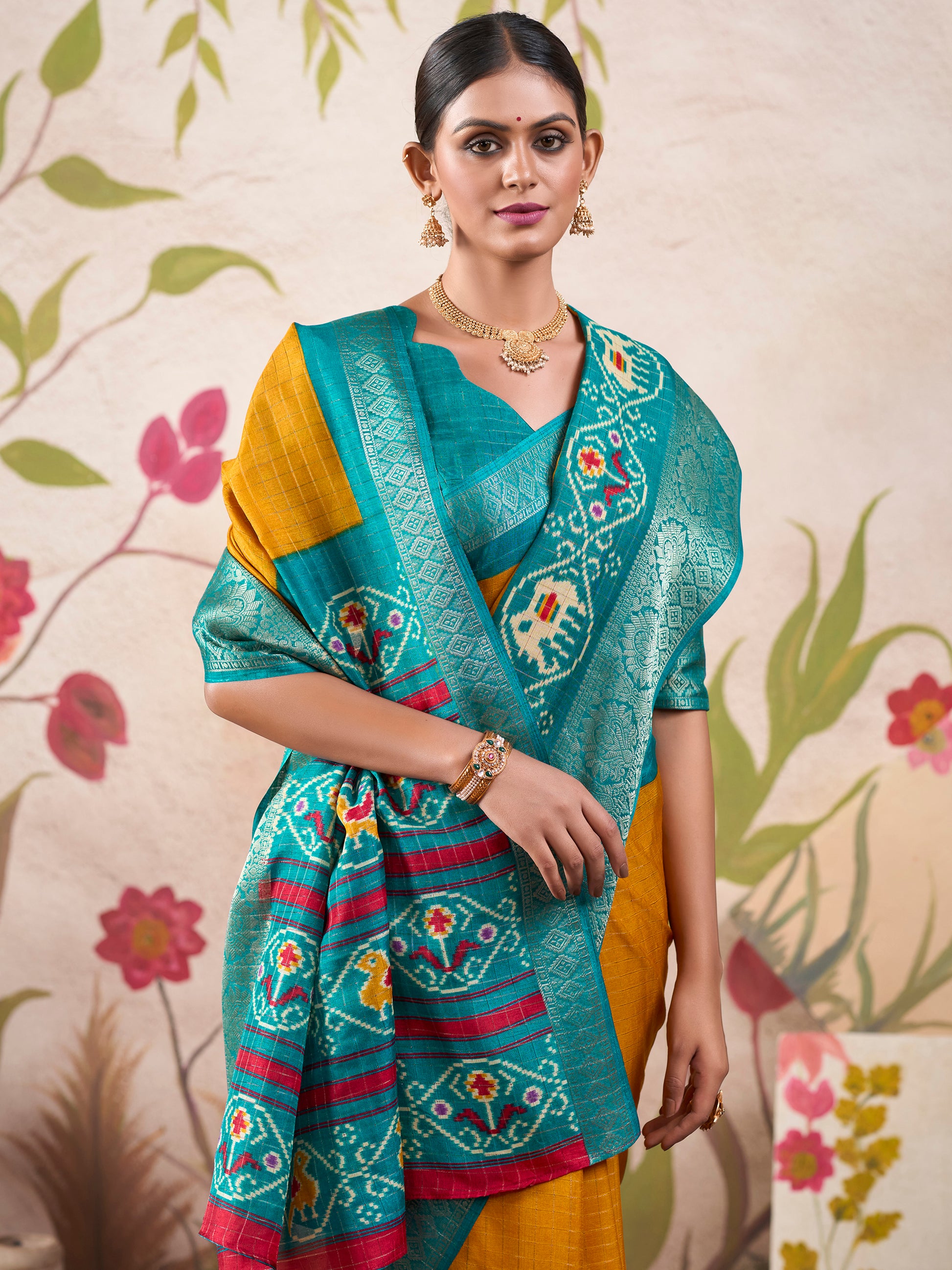 Glamorous Mustard Yellow Patola Printed Tussar Silk Saree With Blouse