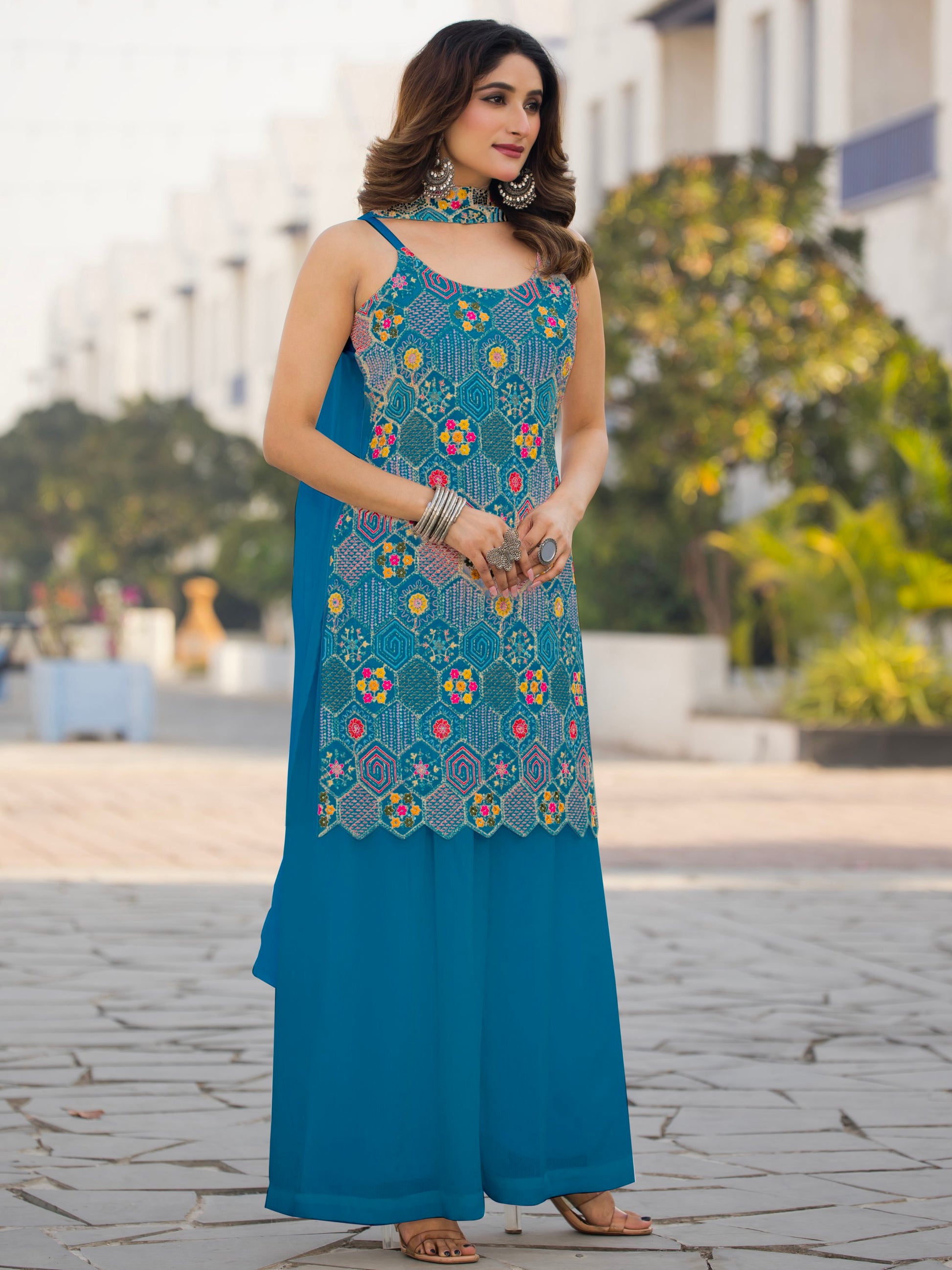 Wonderful Teal Blue Floral Embroidered Chinon Palazzo Suit With Dupatta