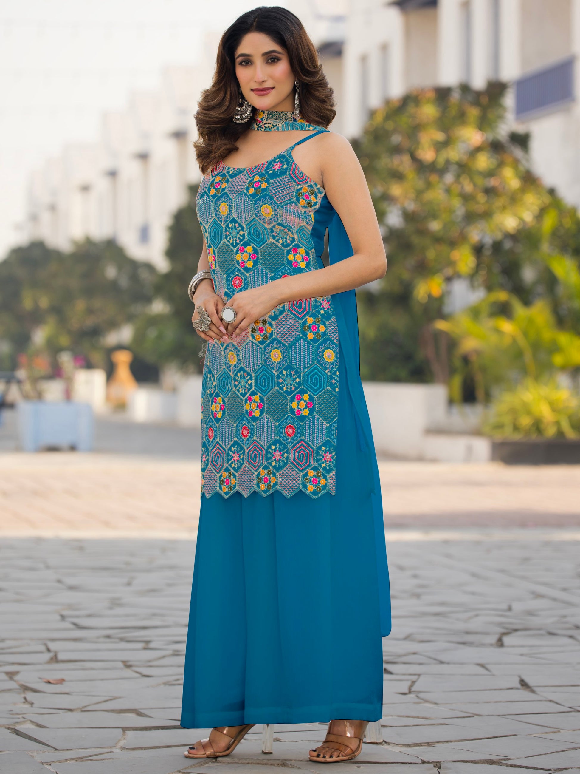 Wonderful Teal Blue Floral Embroidered Chinon Palazzo Suit With Dupatta