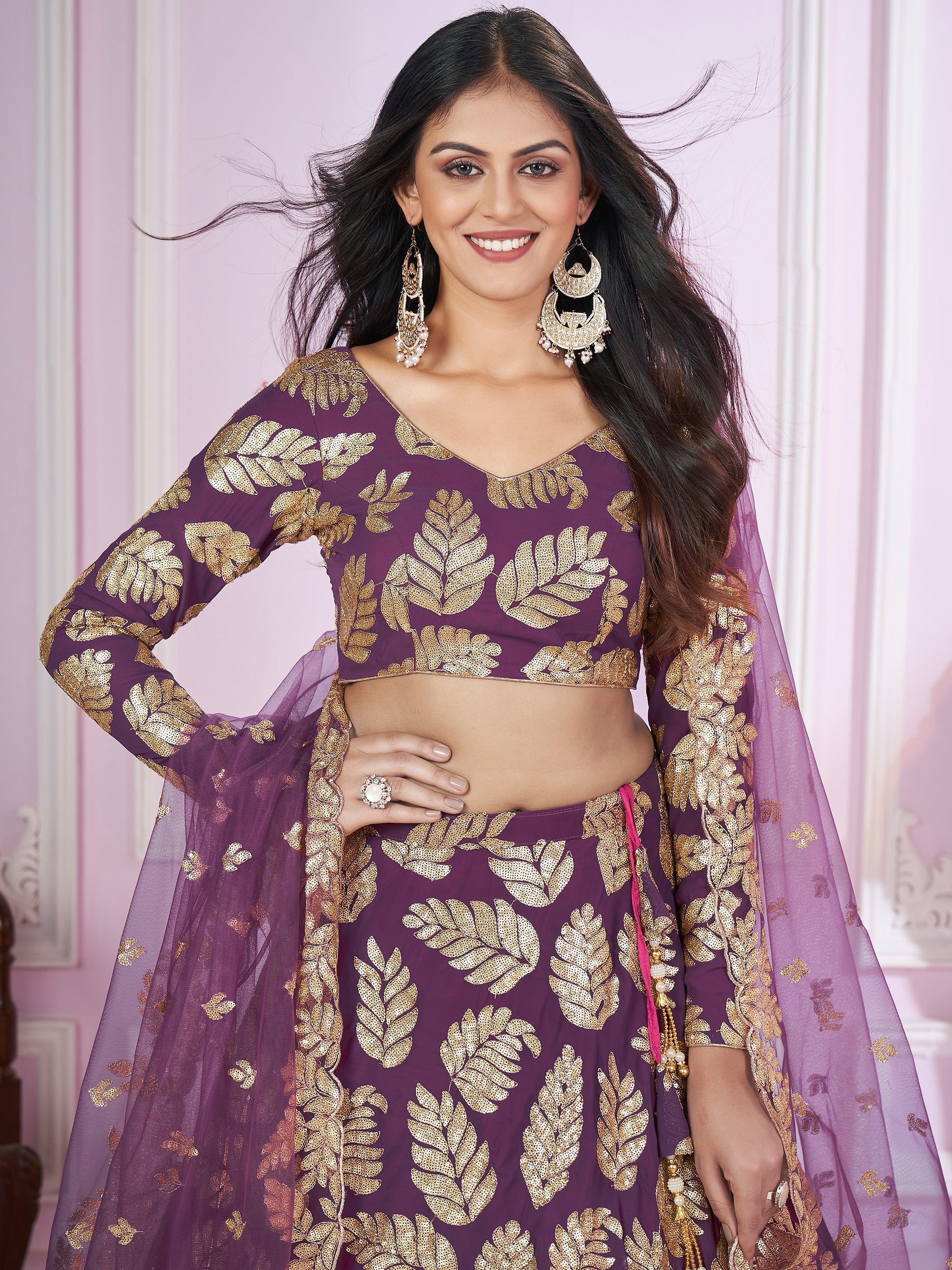 Attractive Purple Sequins Georgette Wedding Lehenga Choli
