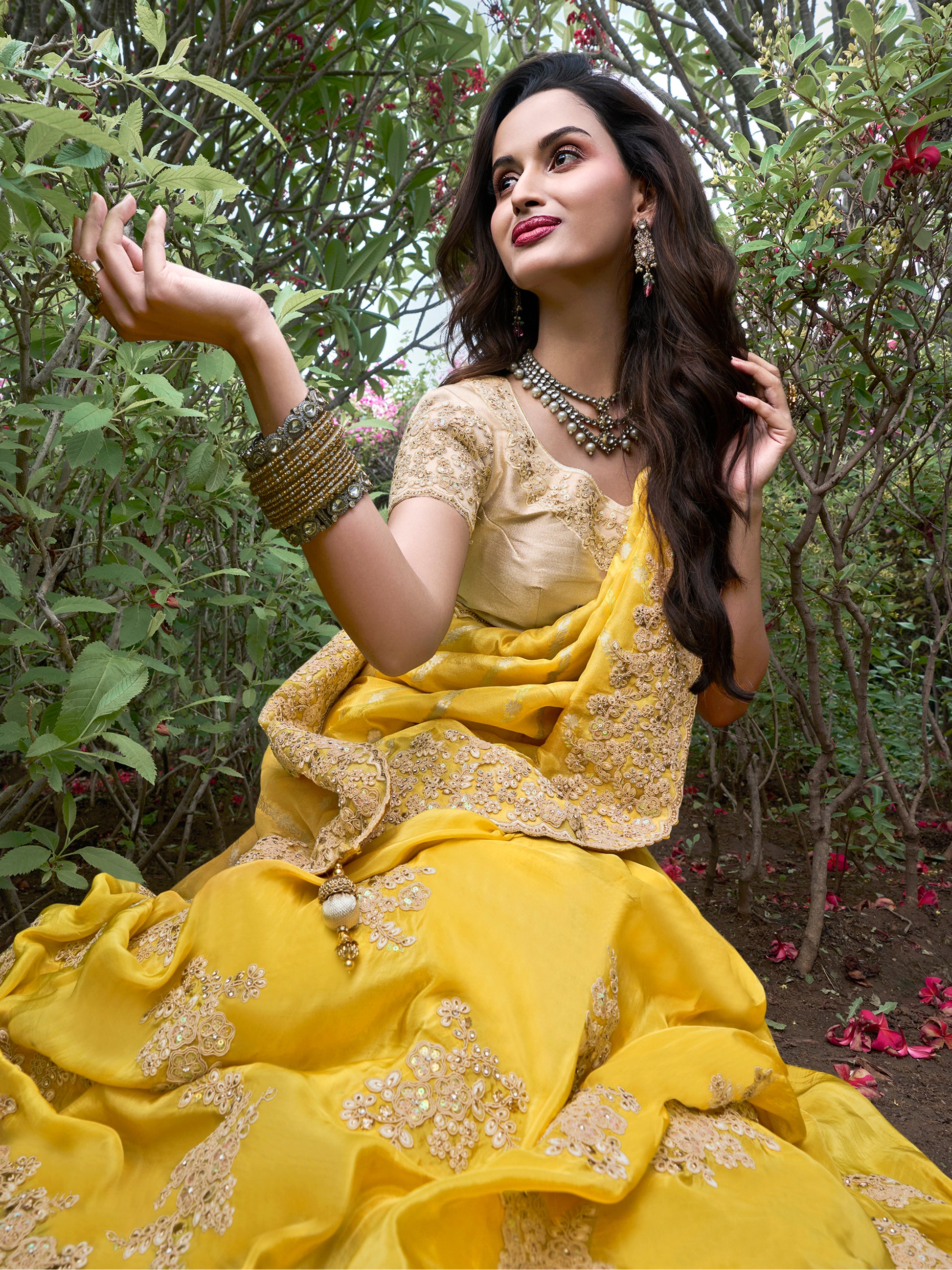 Fascinating Yellow Zari Weaving Organza Haldi Wear Saree With Blouse