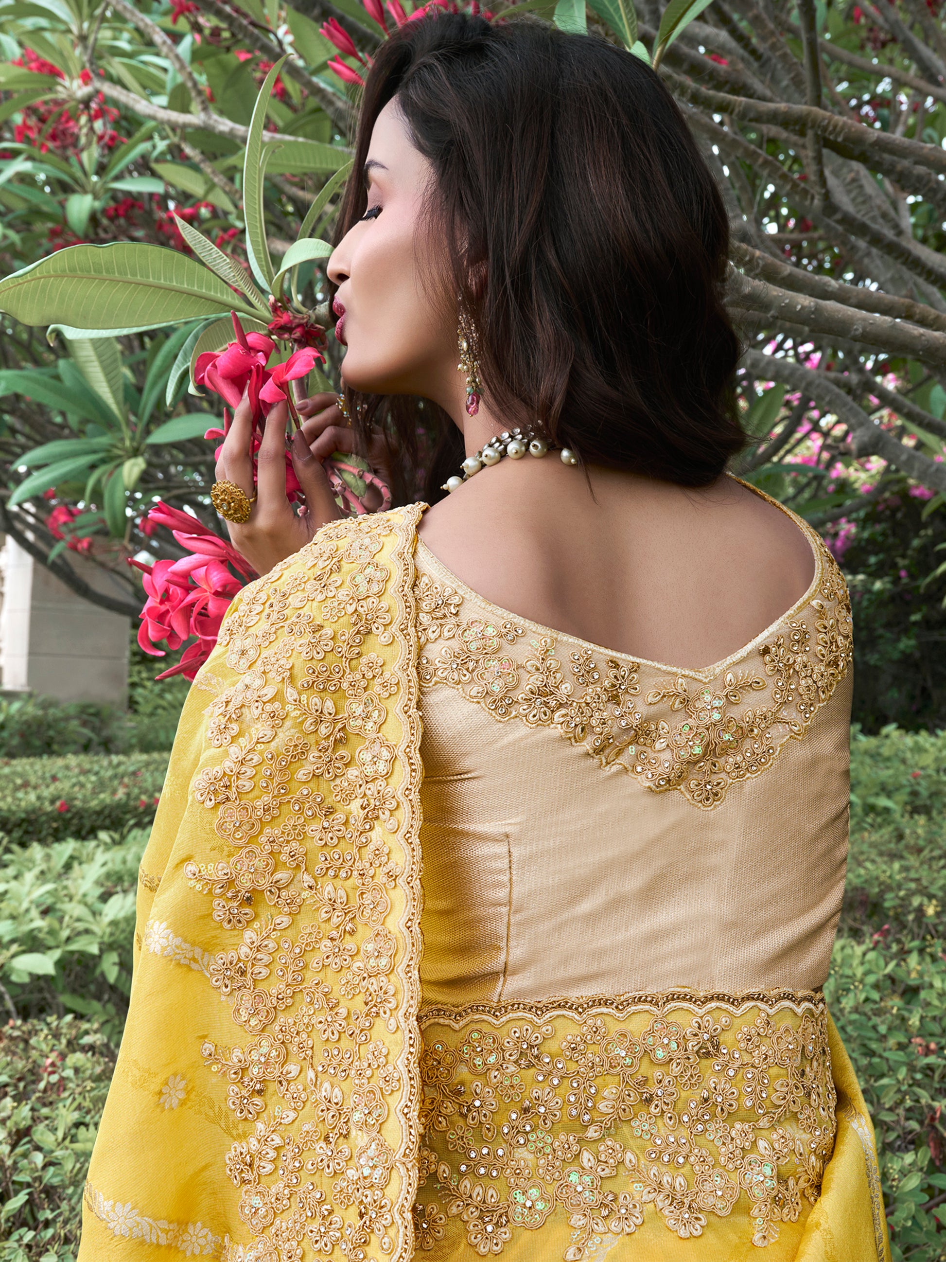 Fascinating Yellow Zari Weaving Organza Haldi Wear Saree With Blouse