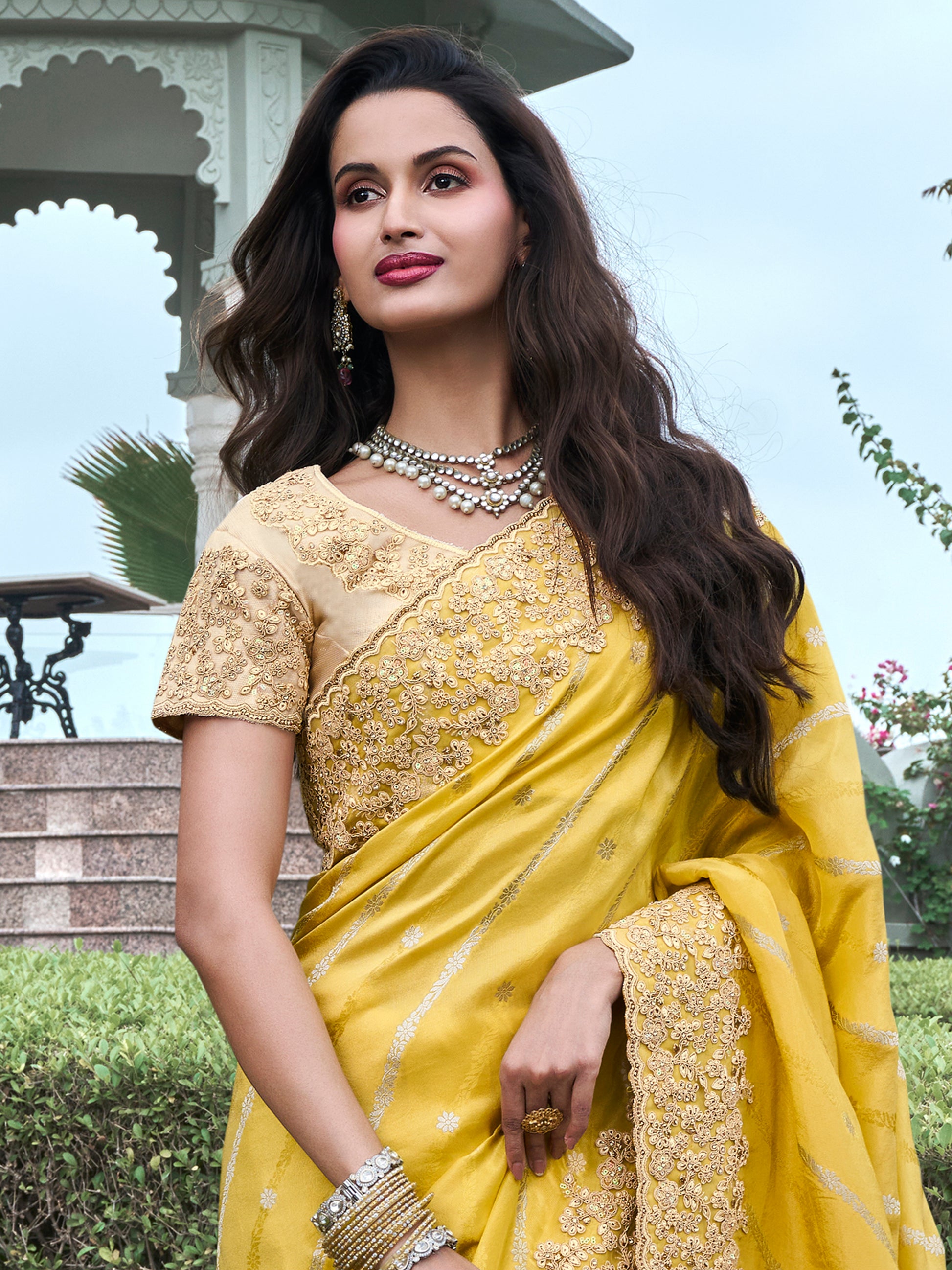 Fascinating Yellow Zari Weaving Organza Haldi Wear Saree With Blouse
