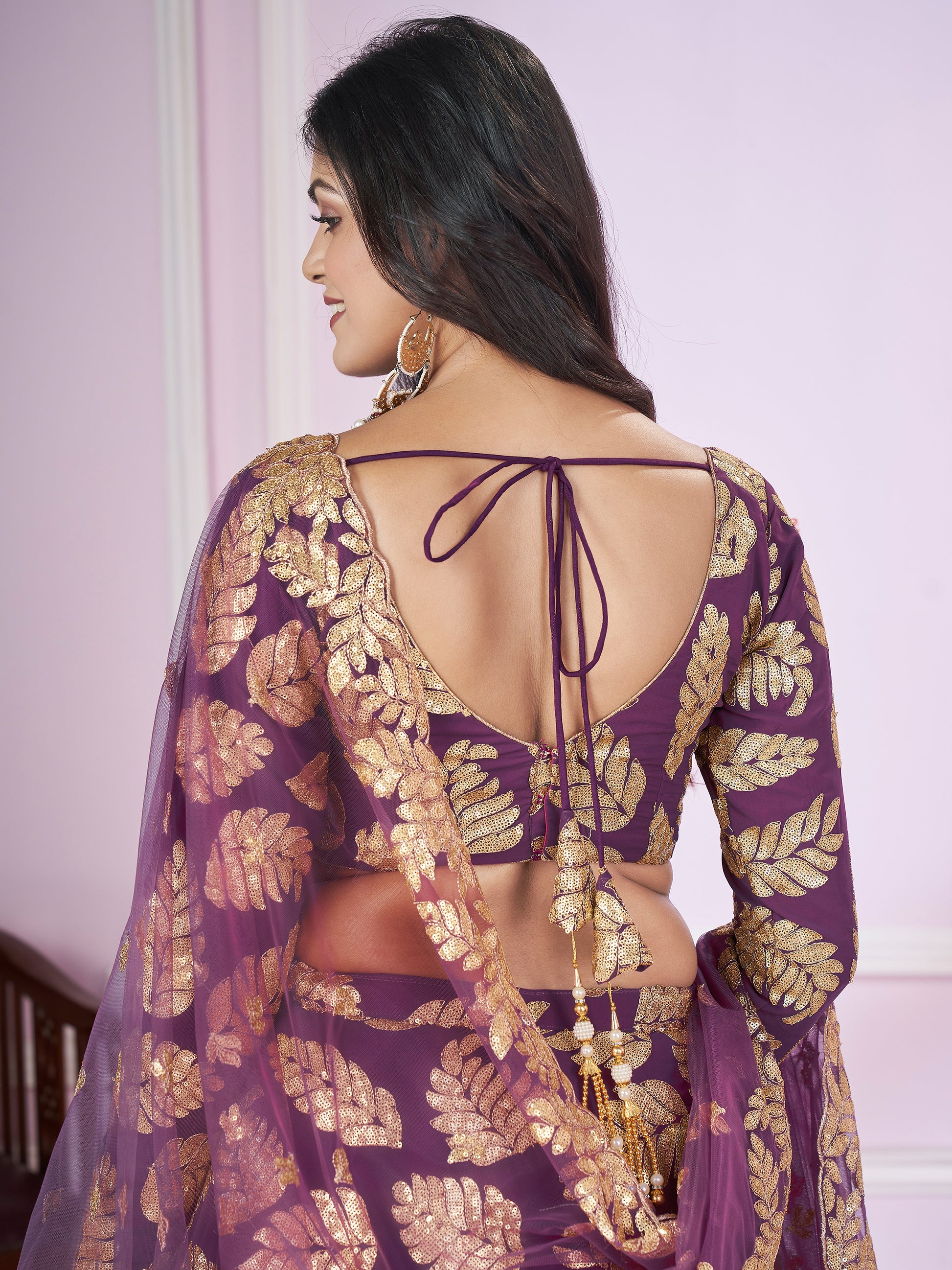 Attractive Purple Sequins Georgette Wedding Lehenga Choli