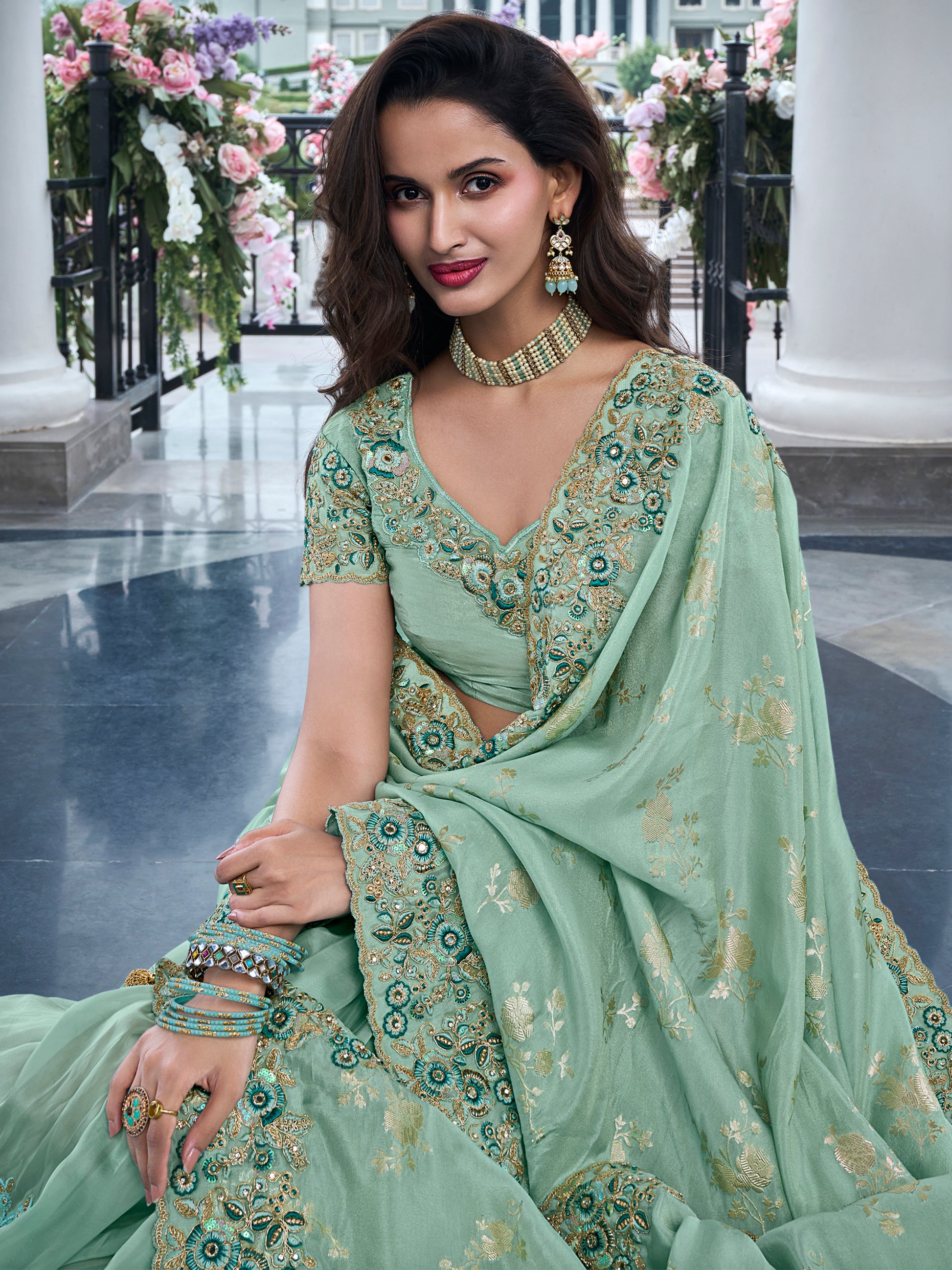 Attractive Sea Green Zari Weaving Organza Engagement Wear Saree
