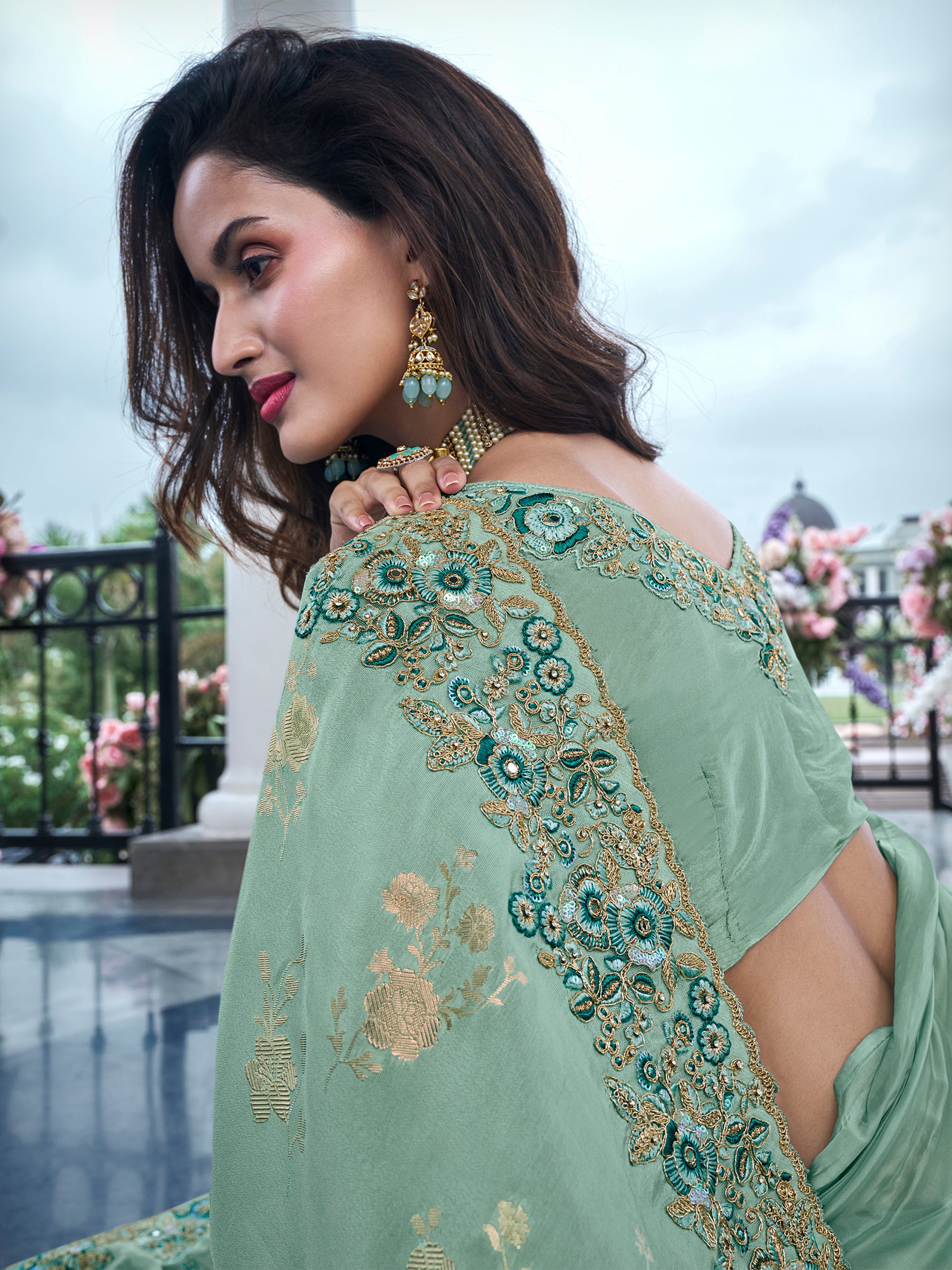Attractive Sea Green Zari Weaving Organza Engagement Wear Saree