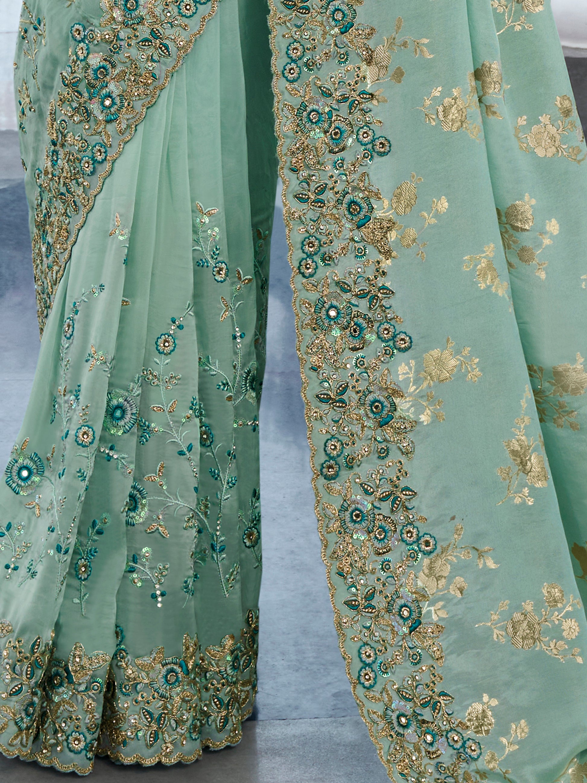 Attractive Sea Green Zari Weaving Organza Engagement Wear Saree