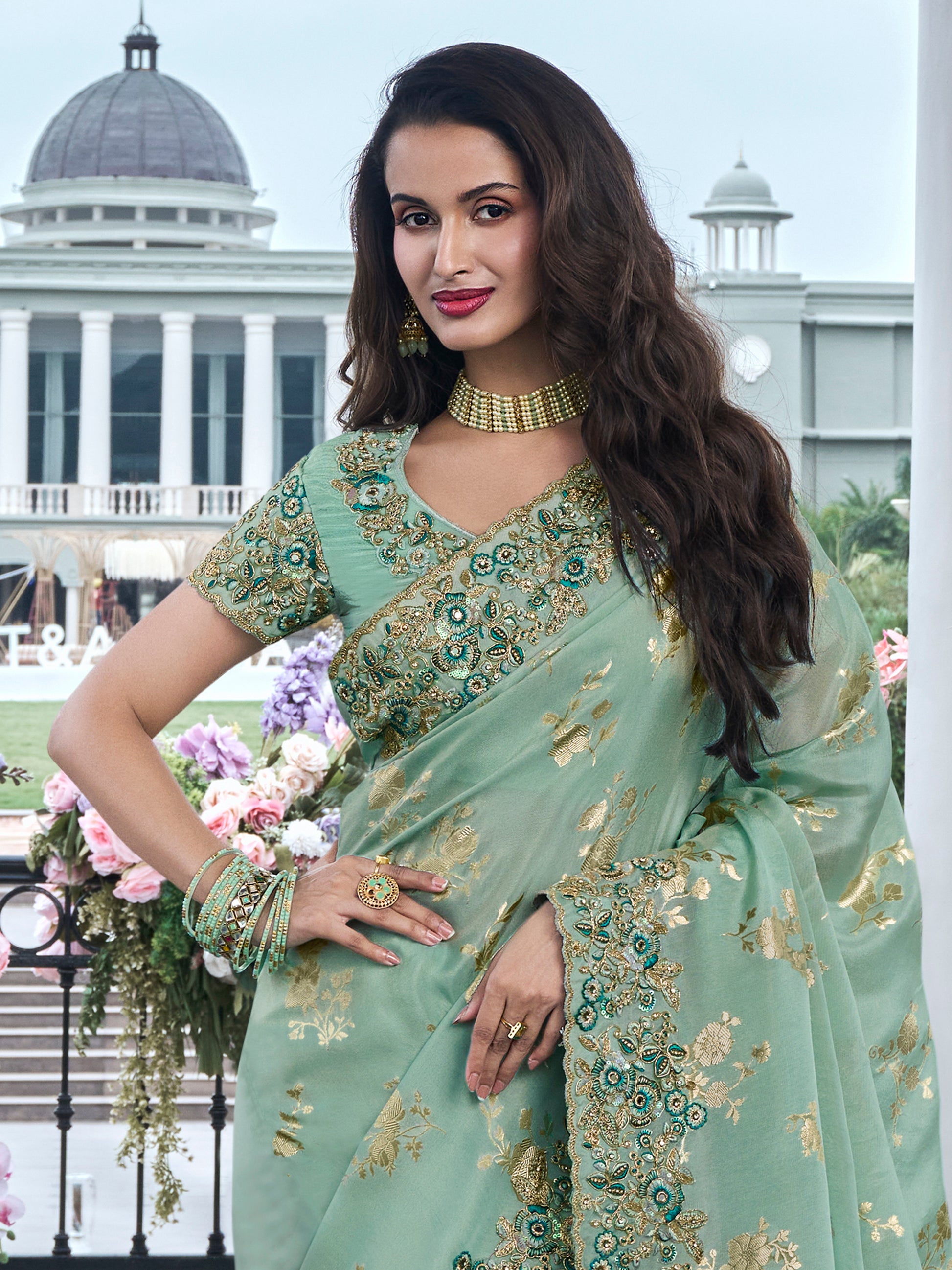 Attractive Sea Green Zari Weaving Organza Engagement Wear Saree