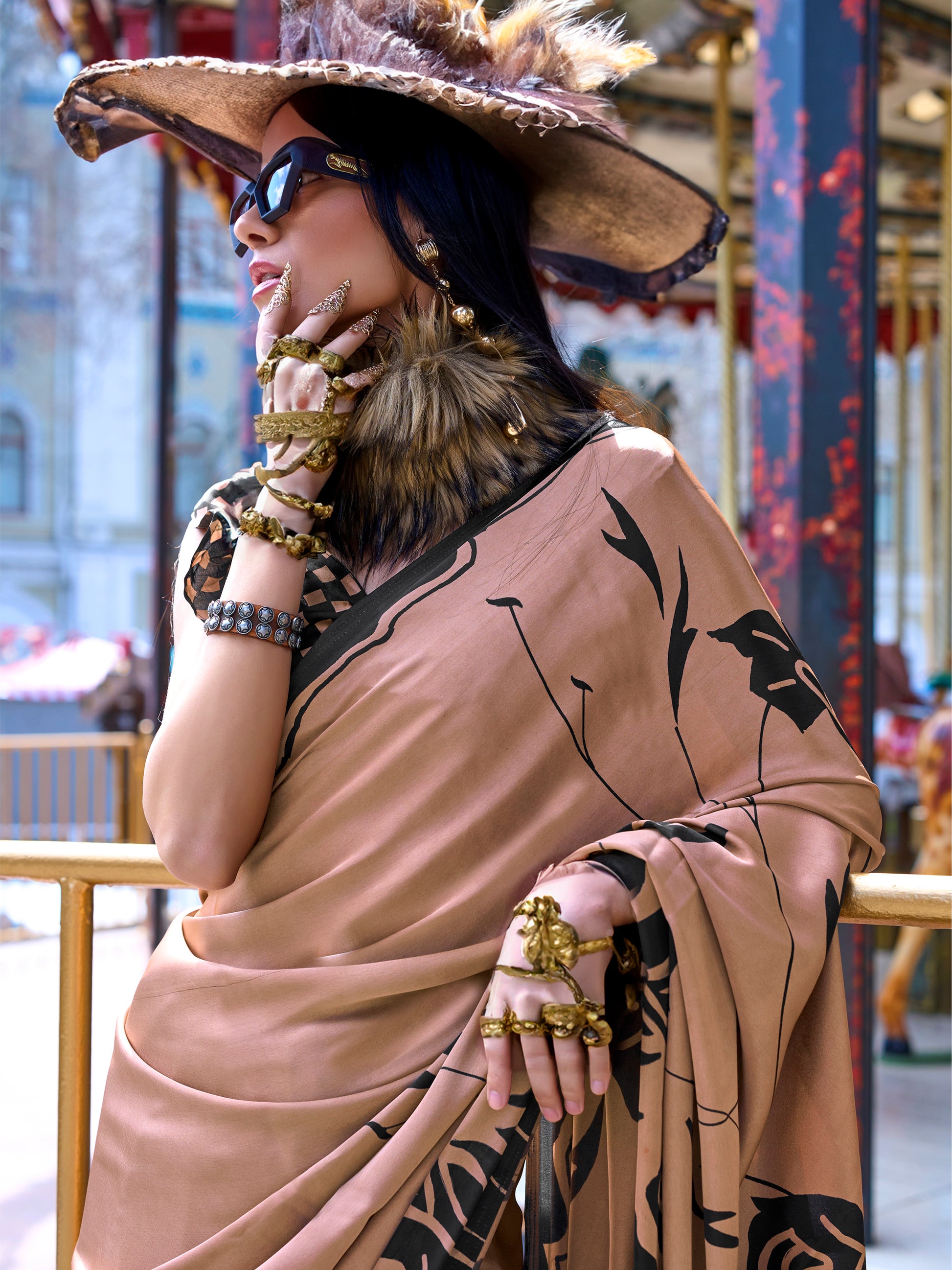 Incredible Brown Printed Satin Office Wear Saree With Blouse