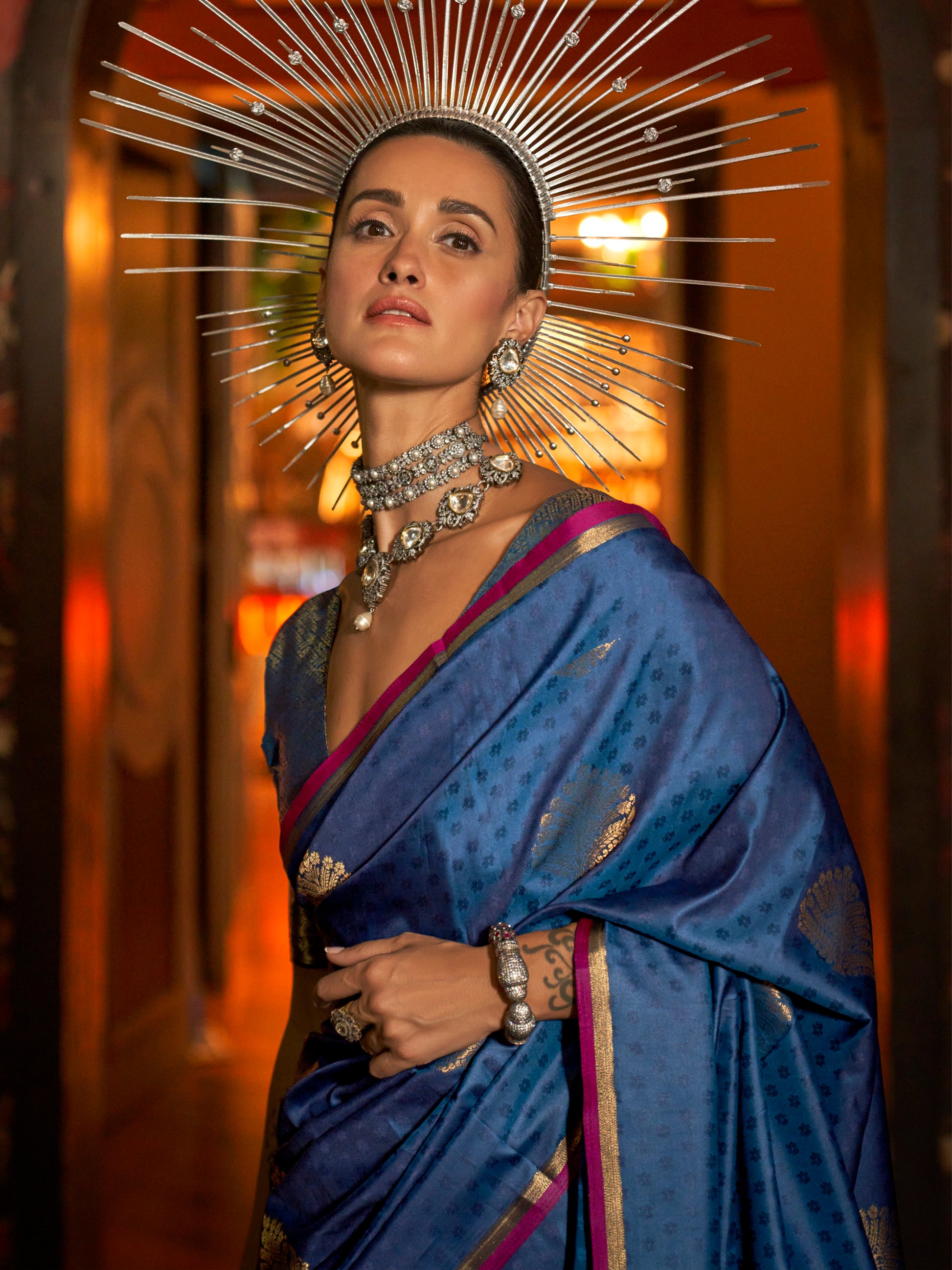 Fascinating Navy Blue Zari Weaving Silk Festival Wear Saree With Blouse