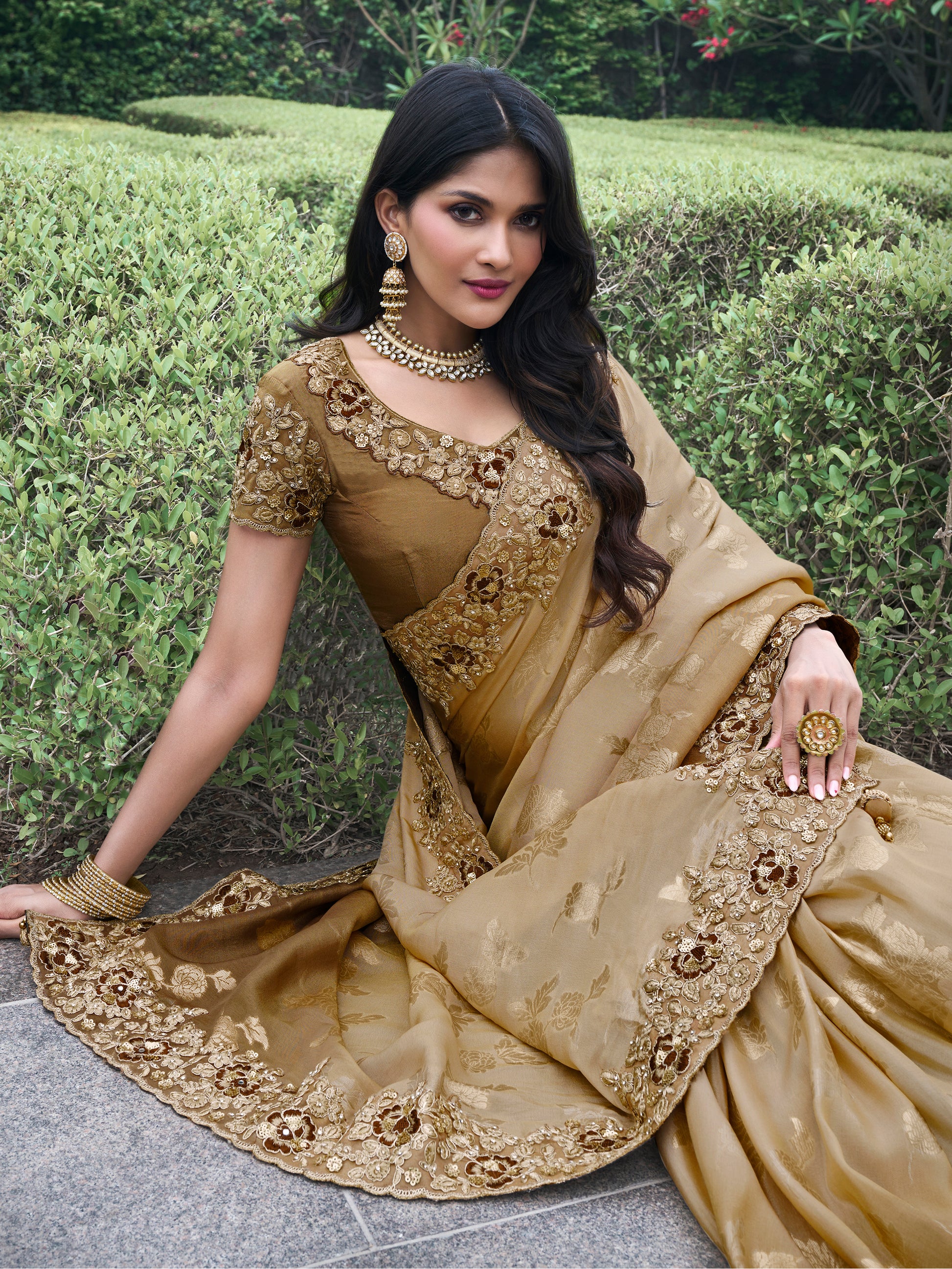 Adorable Brown Zari Woven Organza Silk Wedding Saree With Blouse
