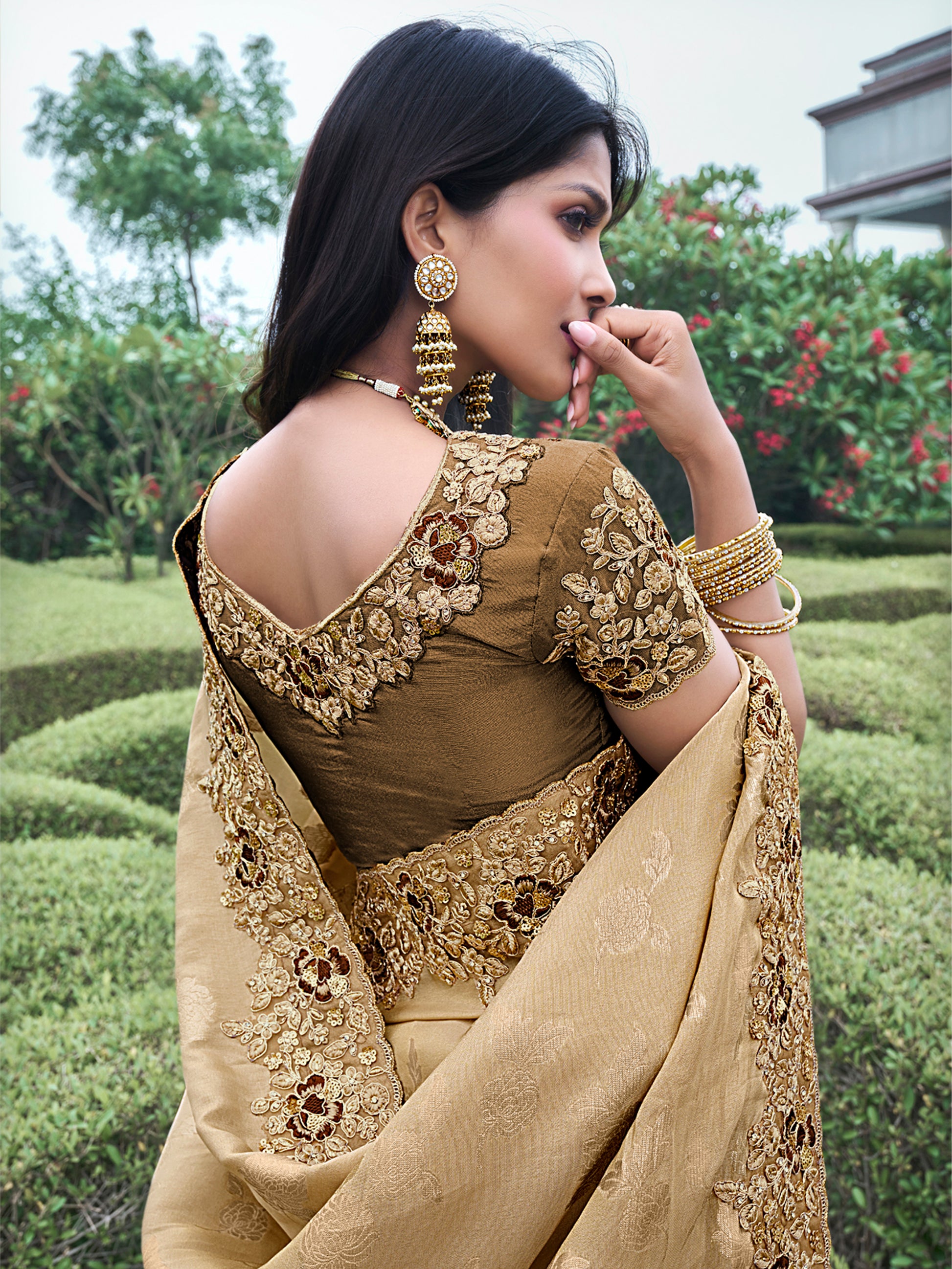 Adorable Brown Zari Woven Organza Silk Wedding Saree With Blouse