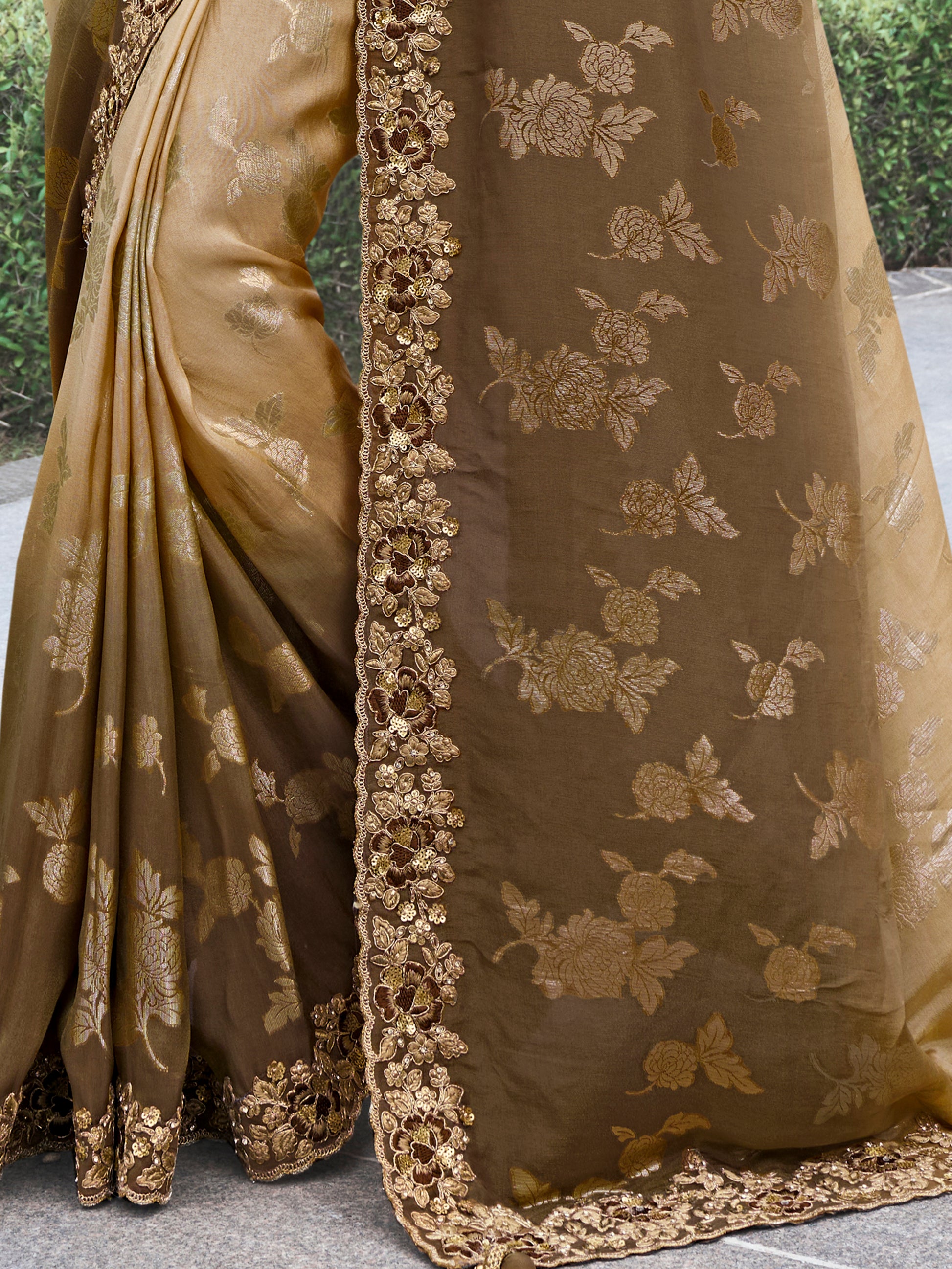 Adorable Brown Zari Woven Organza Silk Wedding Saree With Blouse
