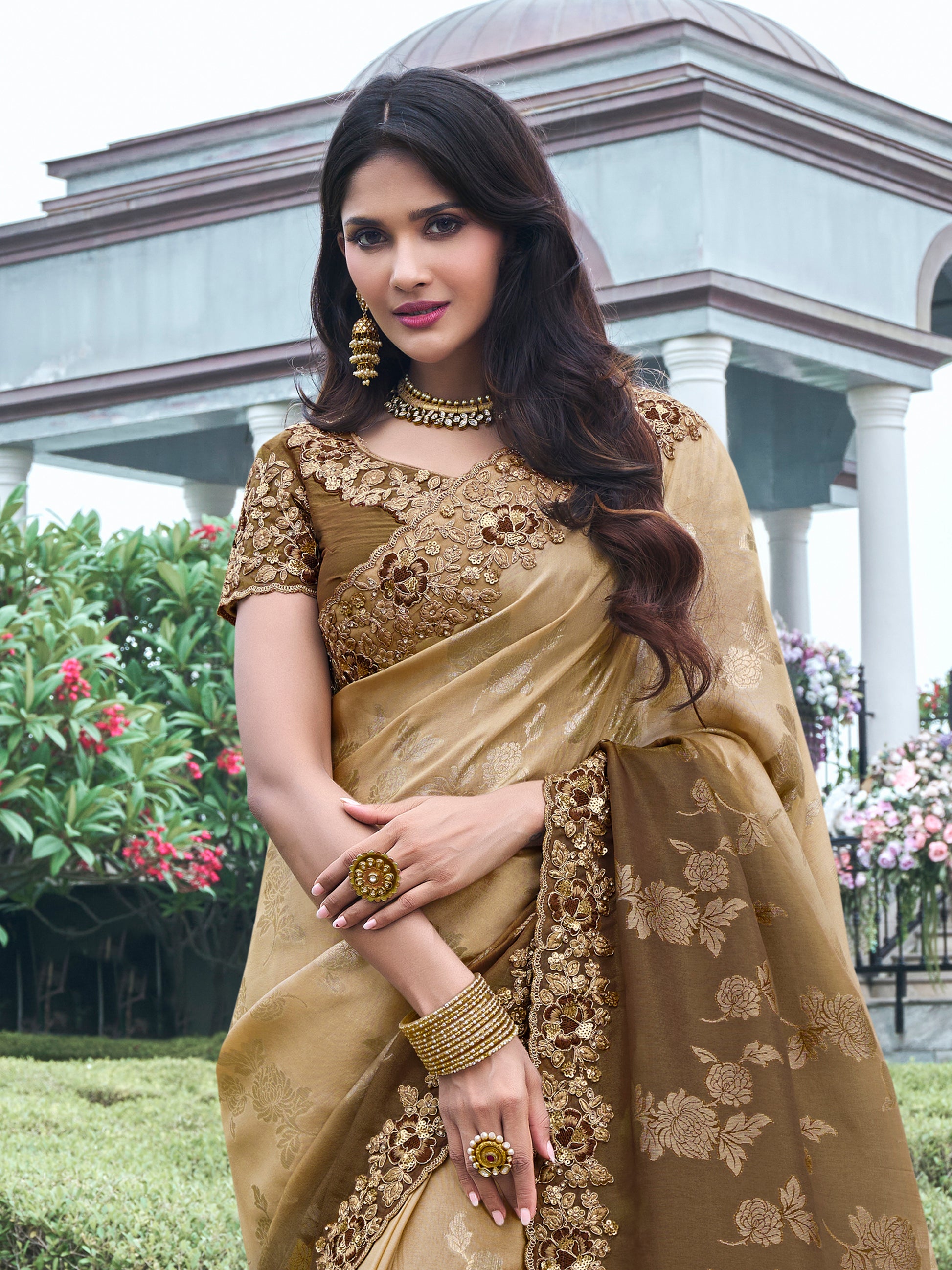 Adorable Brown Zari Woven Organza Silk Wedding Saree With Blouse