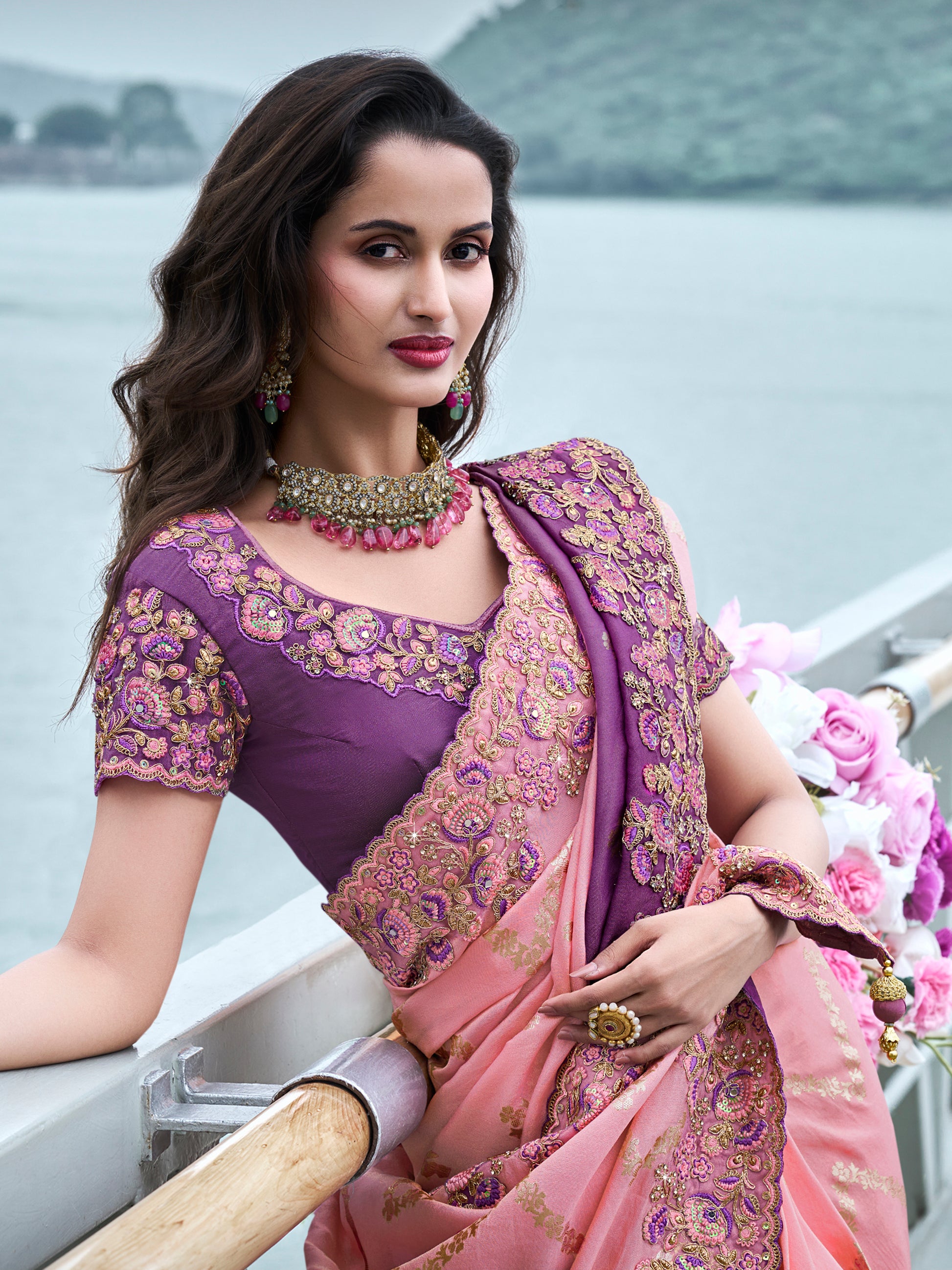 Sweet Pink Zari Weaving Organza Silk Wedding Wear Saree