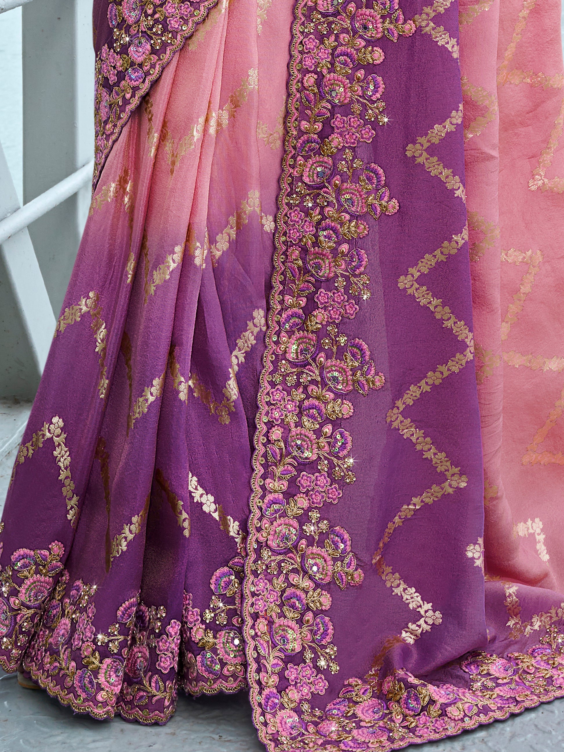 Sweet Pink Zari Weaving Organza Silk Wedding Wear Saree