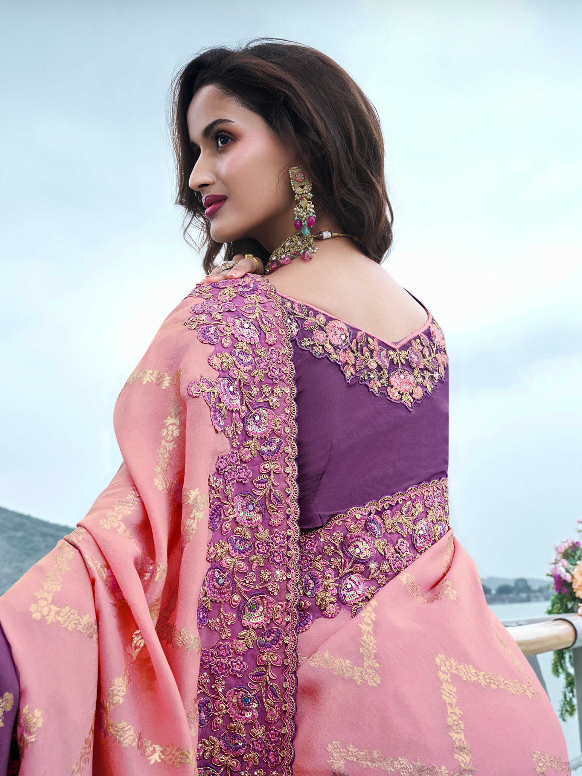 Sweet Pink Zari Weaving Organza Silk Wedding Wear Saree