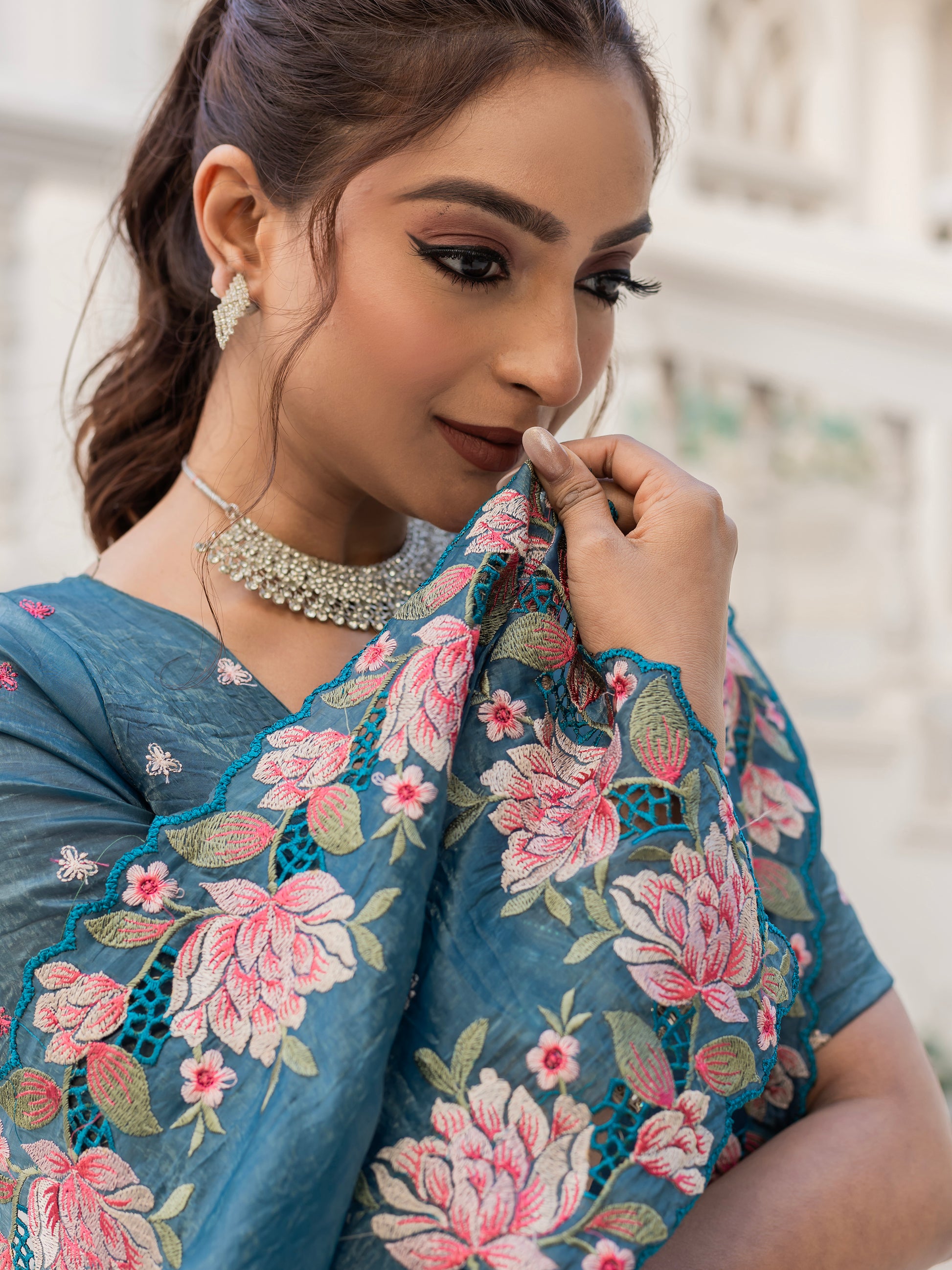 Marvelous Blue Embroidered Silk Party Wear Saree
