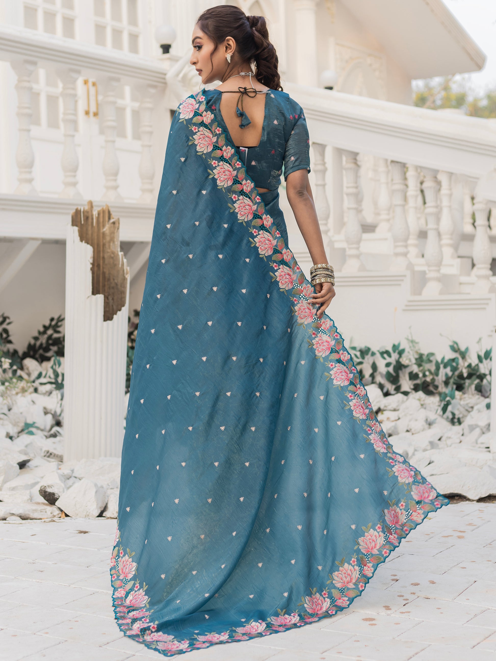 Marvelous Blue Embroidered Silk Party Wear Saree