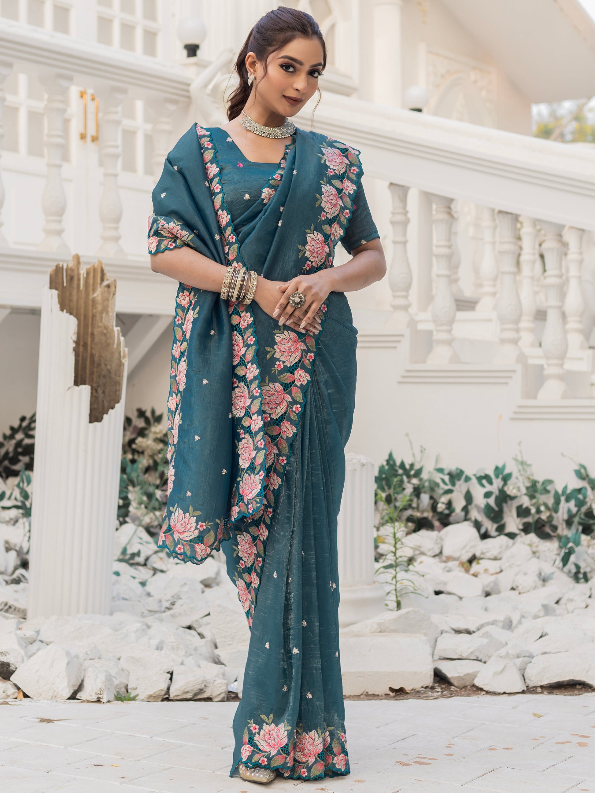 Marvelous Blue Embroidered Silk Party Wear Saree