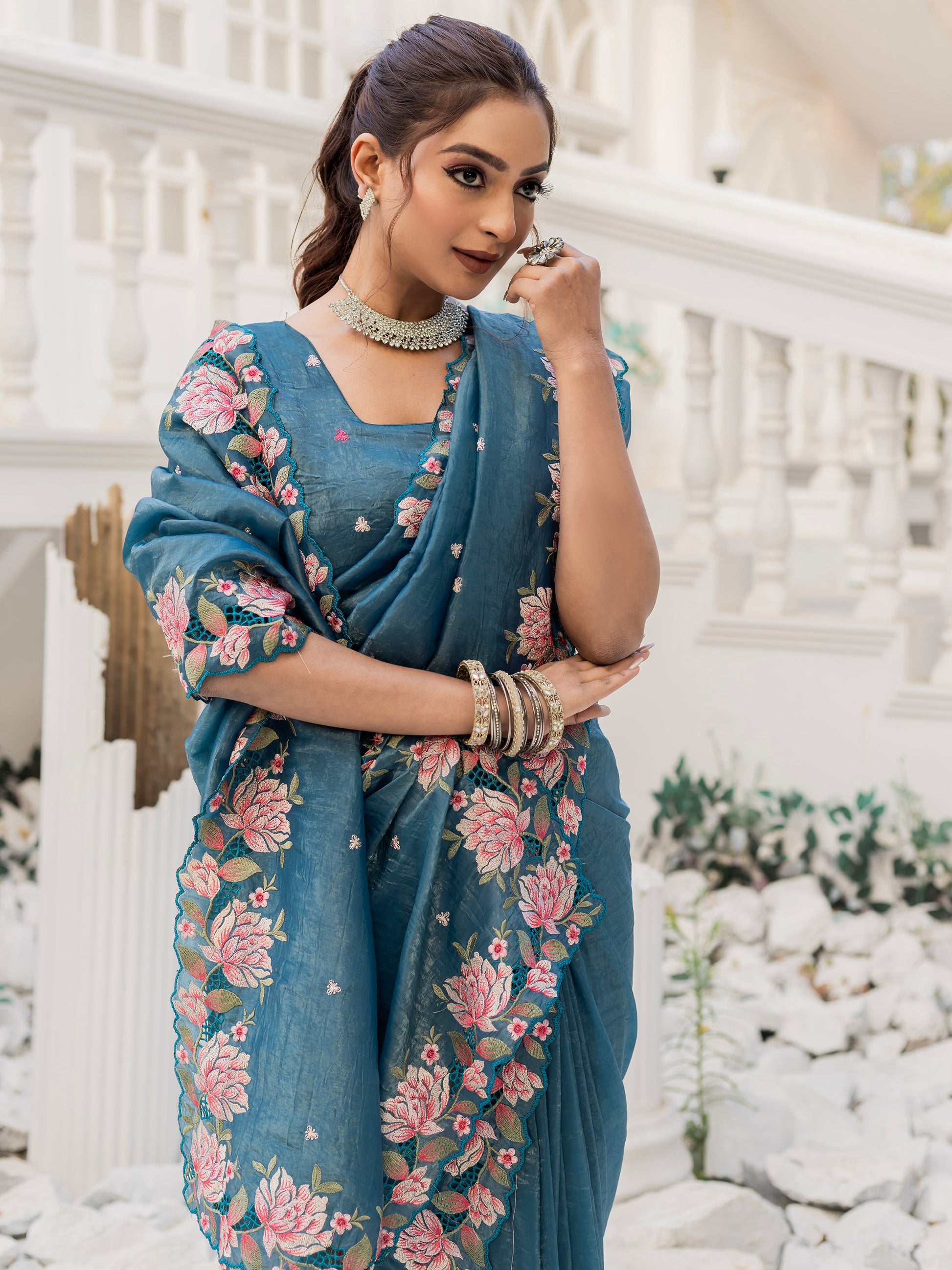 Marvelous Blue Embroidered Silk Party Wear Saree