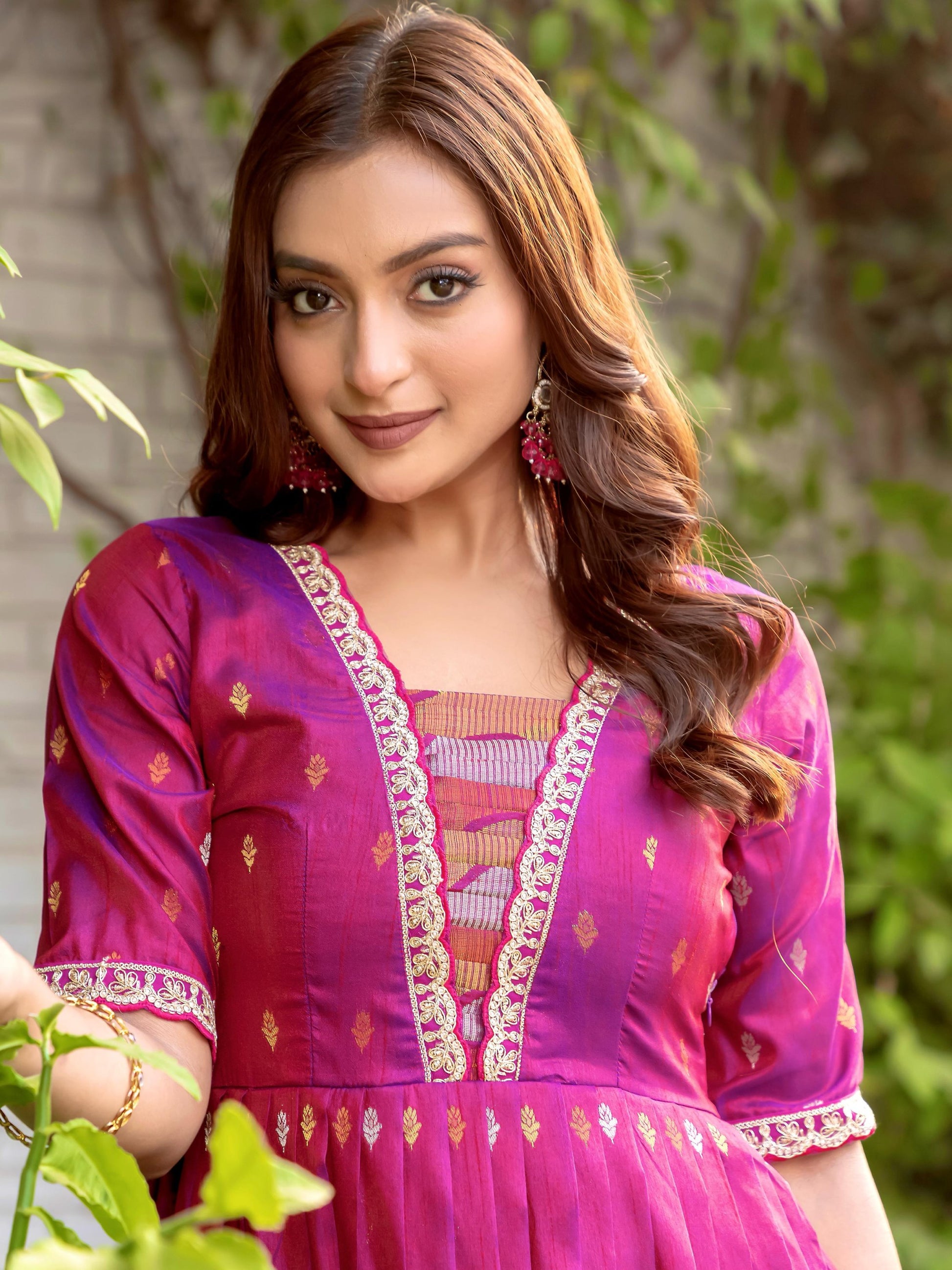 Captivating Pink Zari Weaving Silk Festive Wear Gown