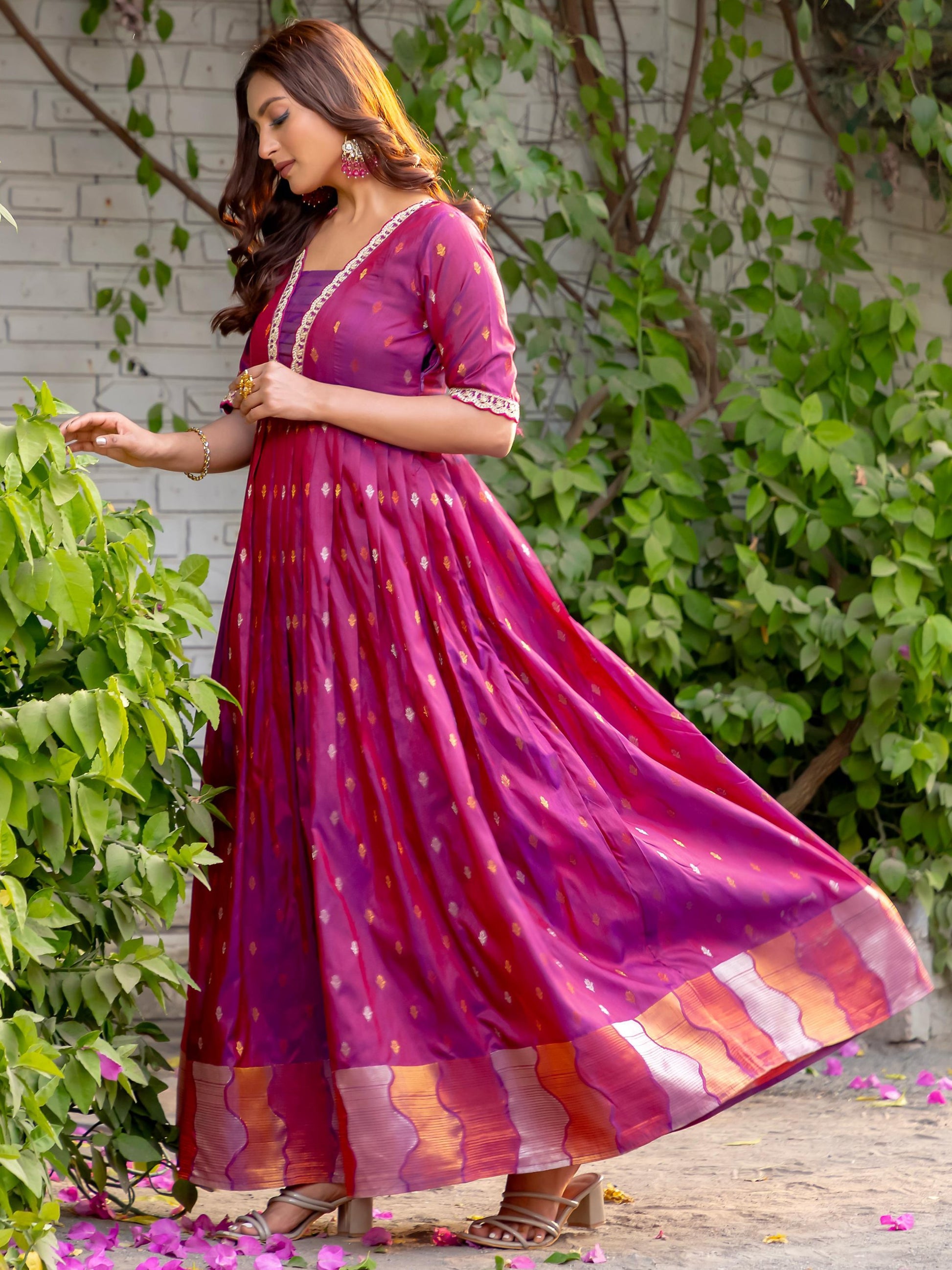 Captivating Pink Zari Weaving Silk Festive Wear Gown