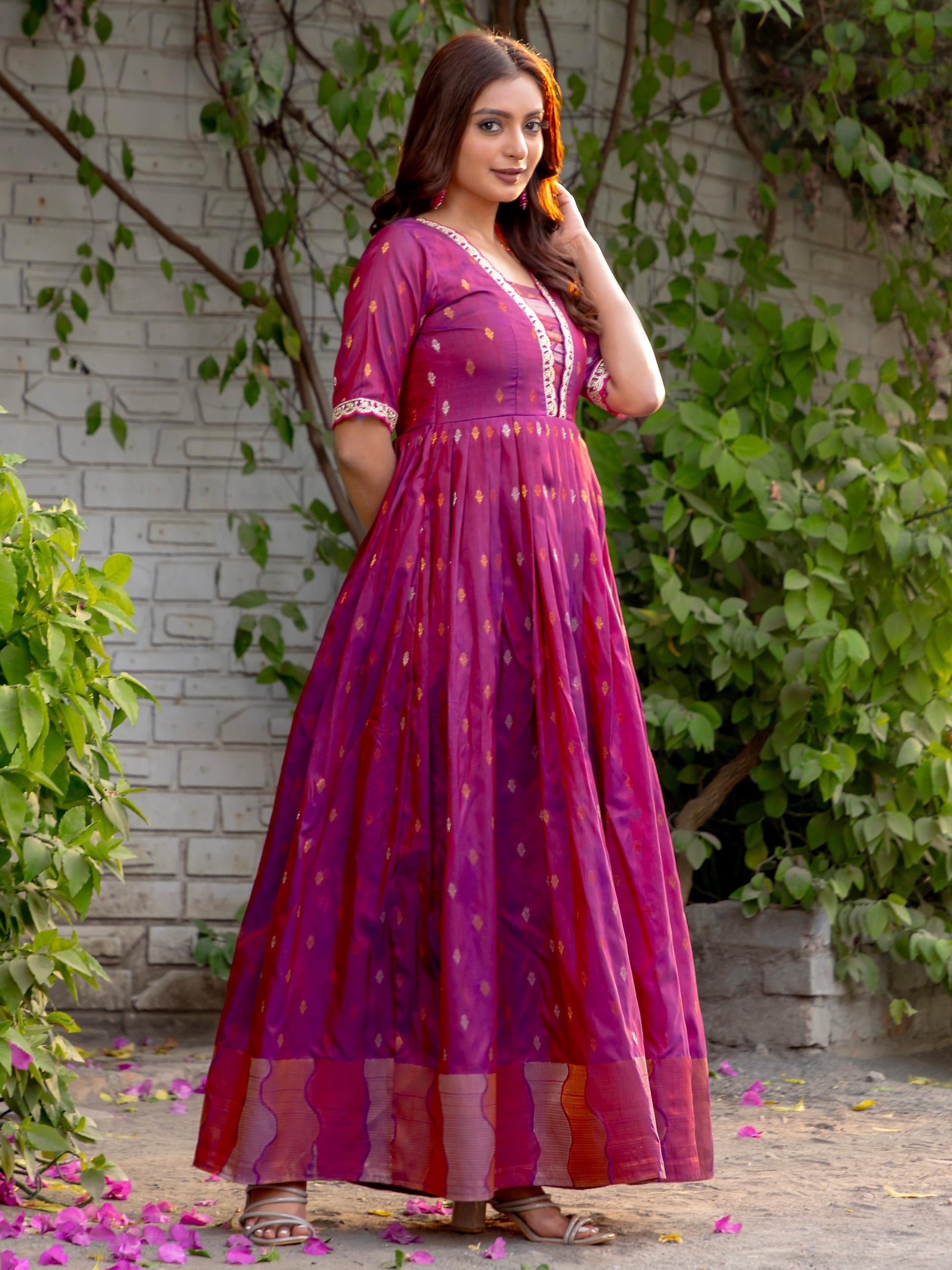Captivating Pink Zari Weaving Silk Festive Wear Gown