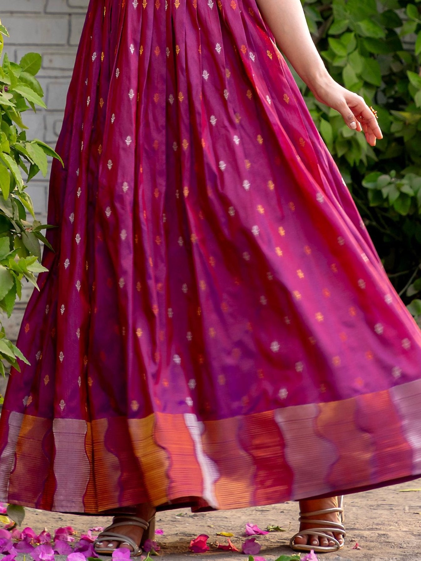 Captivating Pink Zari Weaving Silk Festive Wear Gown