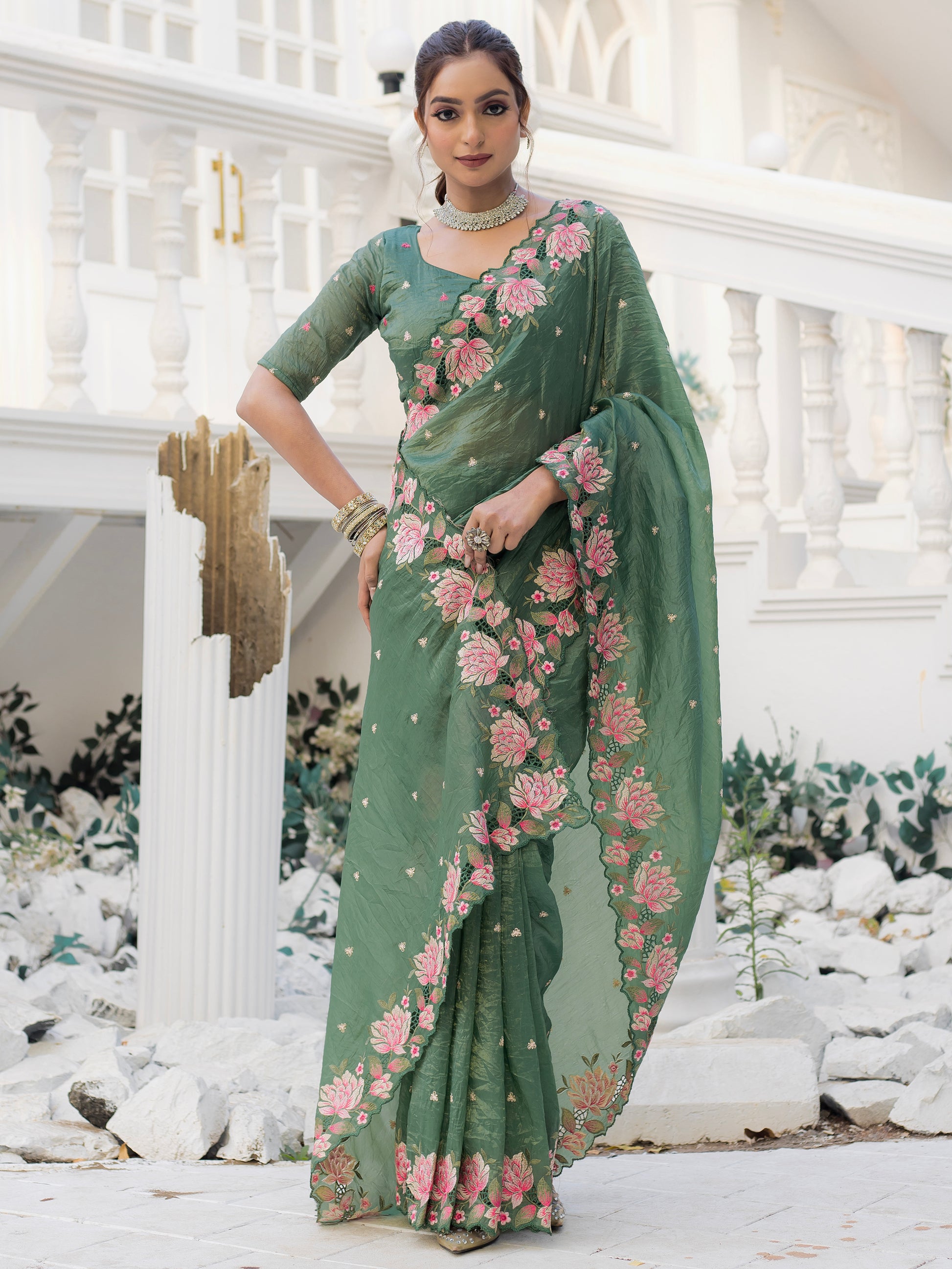 Mesmerizing Green Embroidered Silk Festive Wear Saree