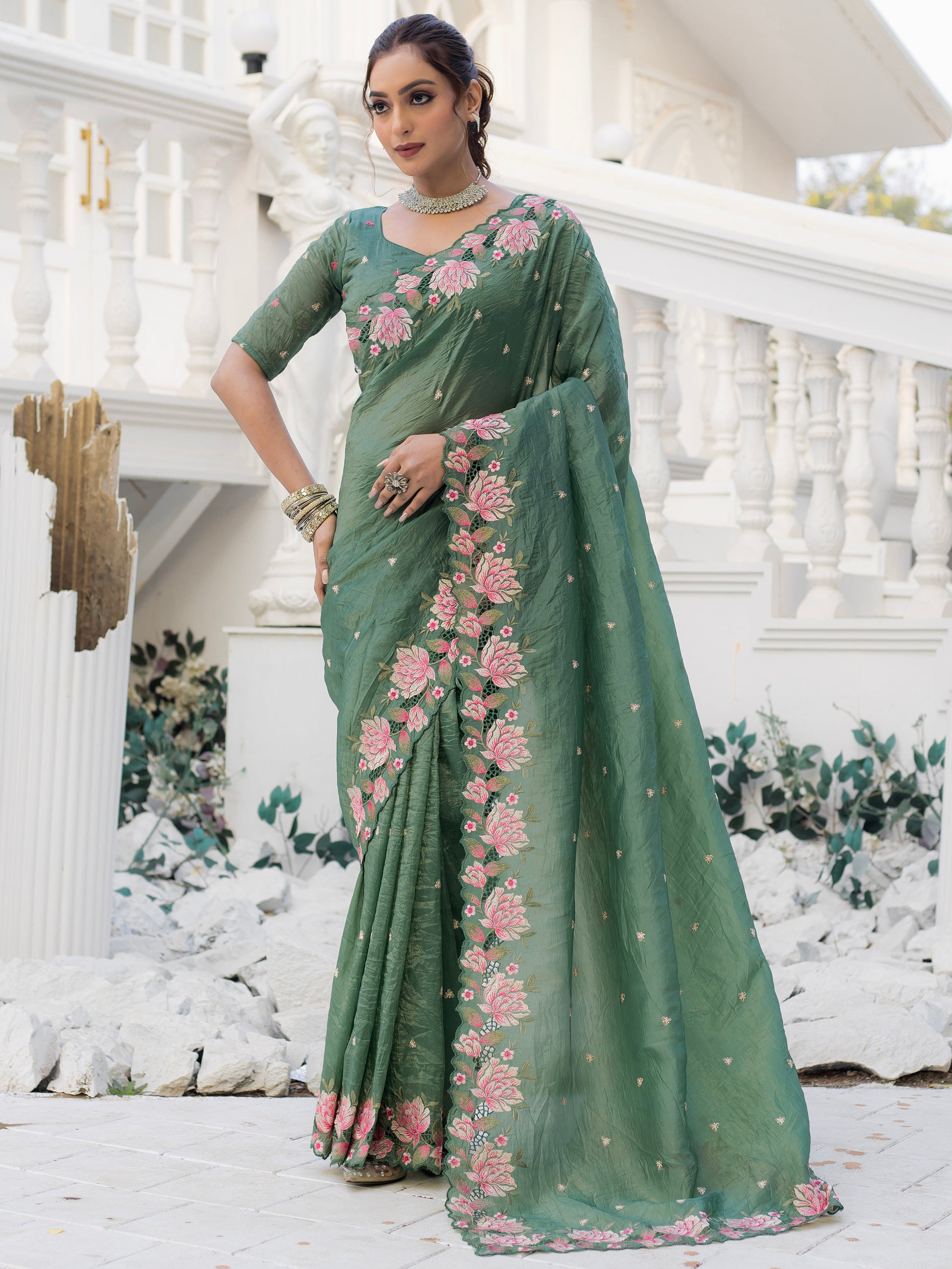 Mesmerizing Green Embroidered Silk Festive Wear Saree