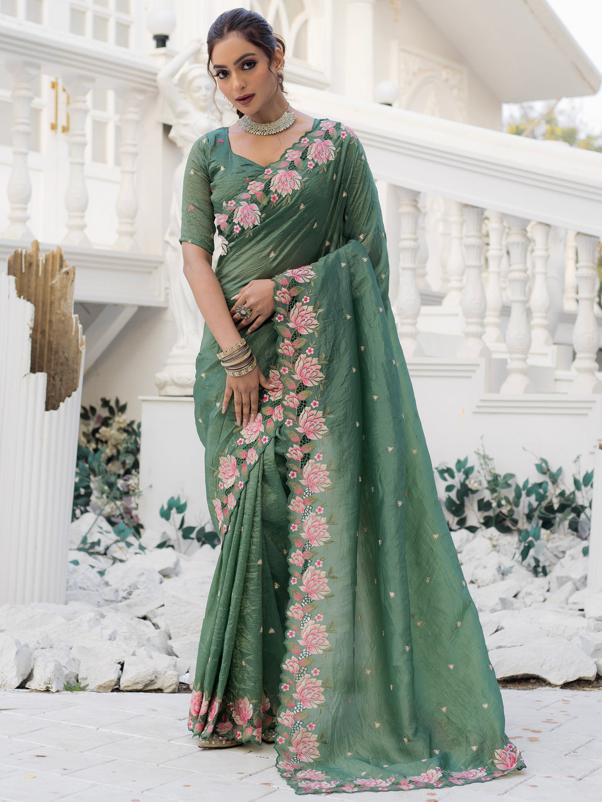 Mesmerizing Green Embroidered Silk Festive Wear Saree