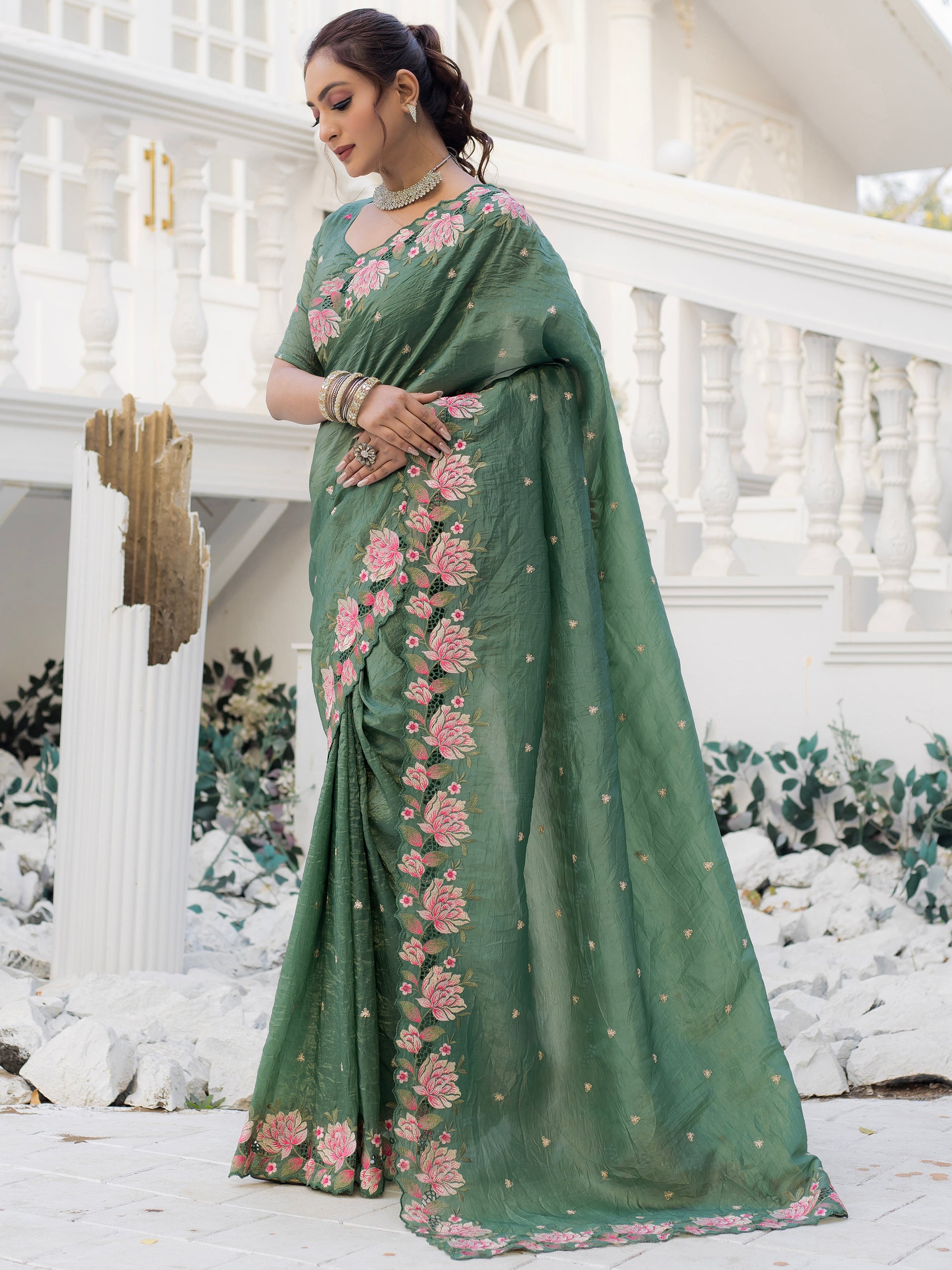 Mesmerizing Green Embroidered Silk Festive Wear Saree
