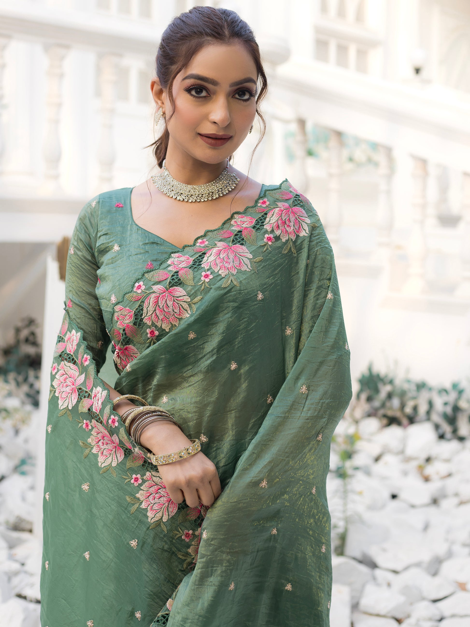 Mesmerizing Green Embroidered Silk Festive Wear Saree