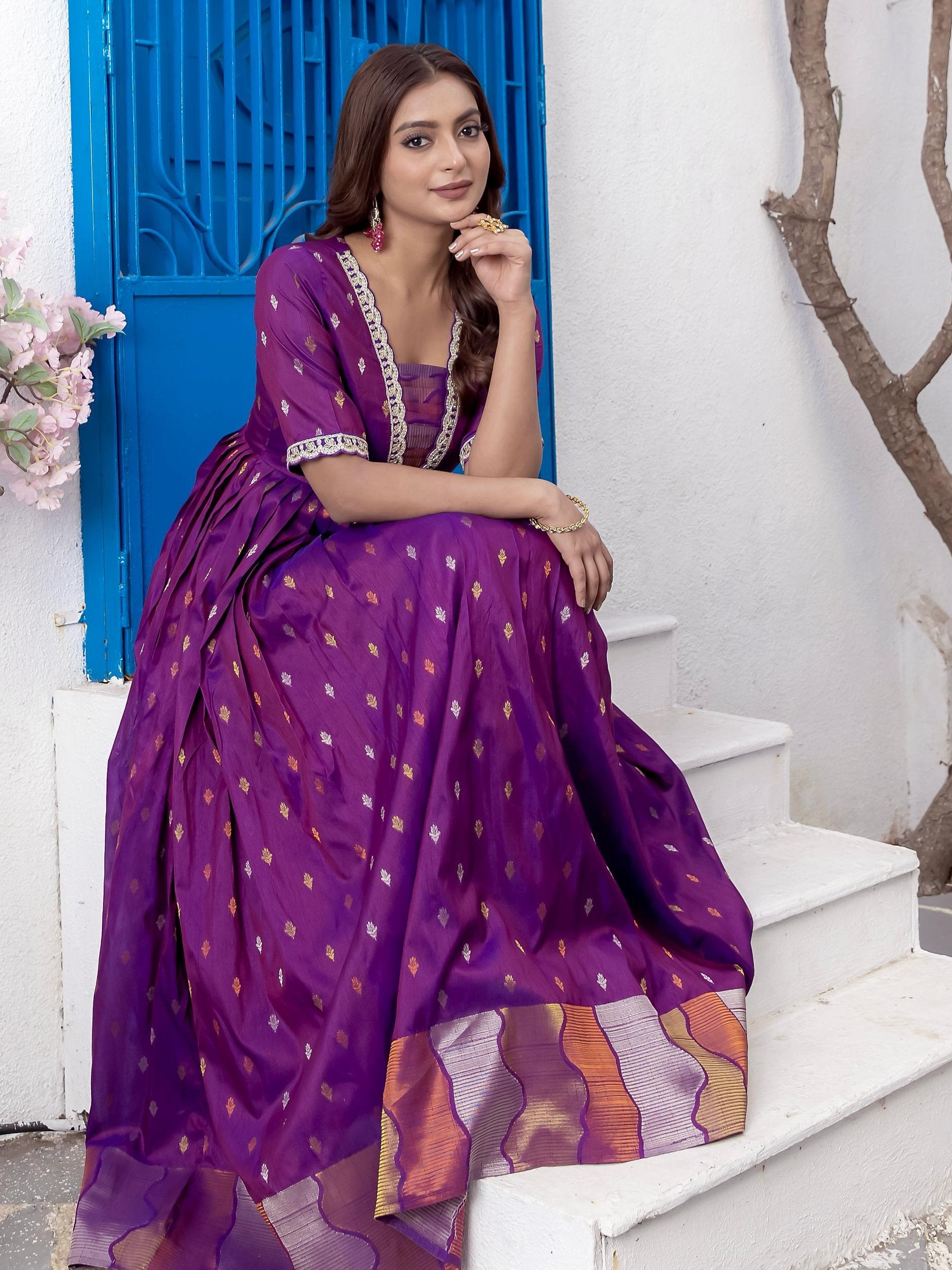 Magnetic Purple Zari Weaving Silk Traditional Gown