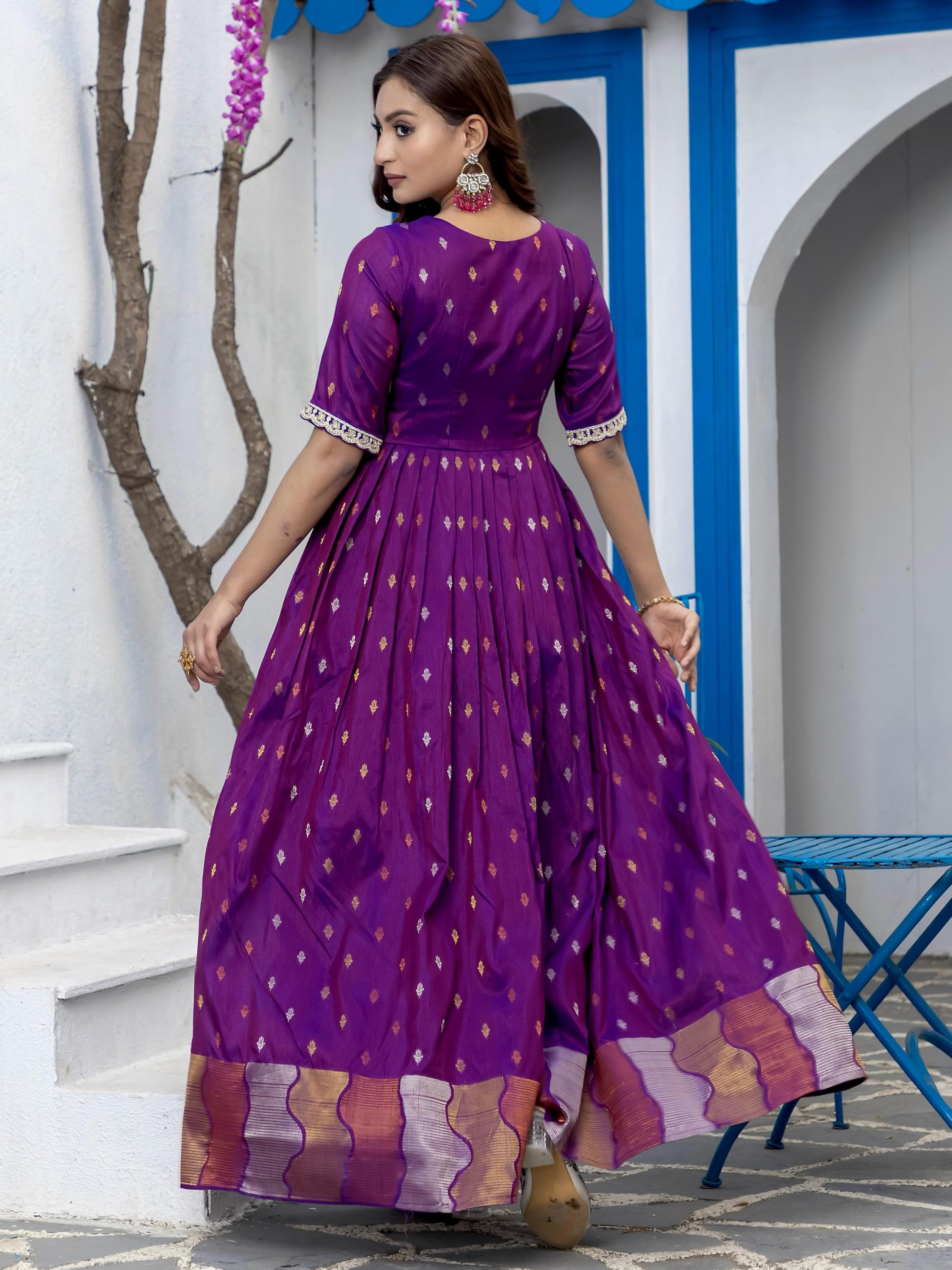 Magnetic Purple Zari Weaving Silk Traditional Gown