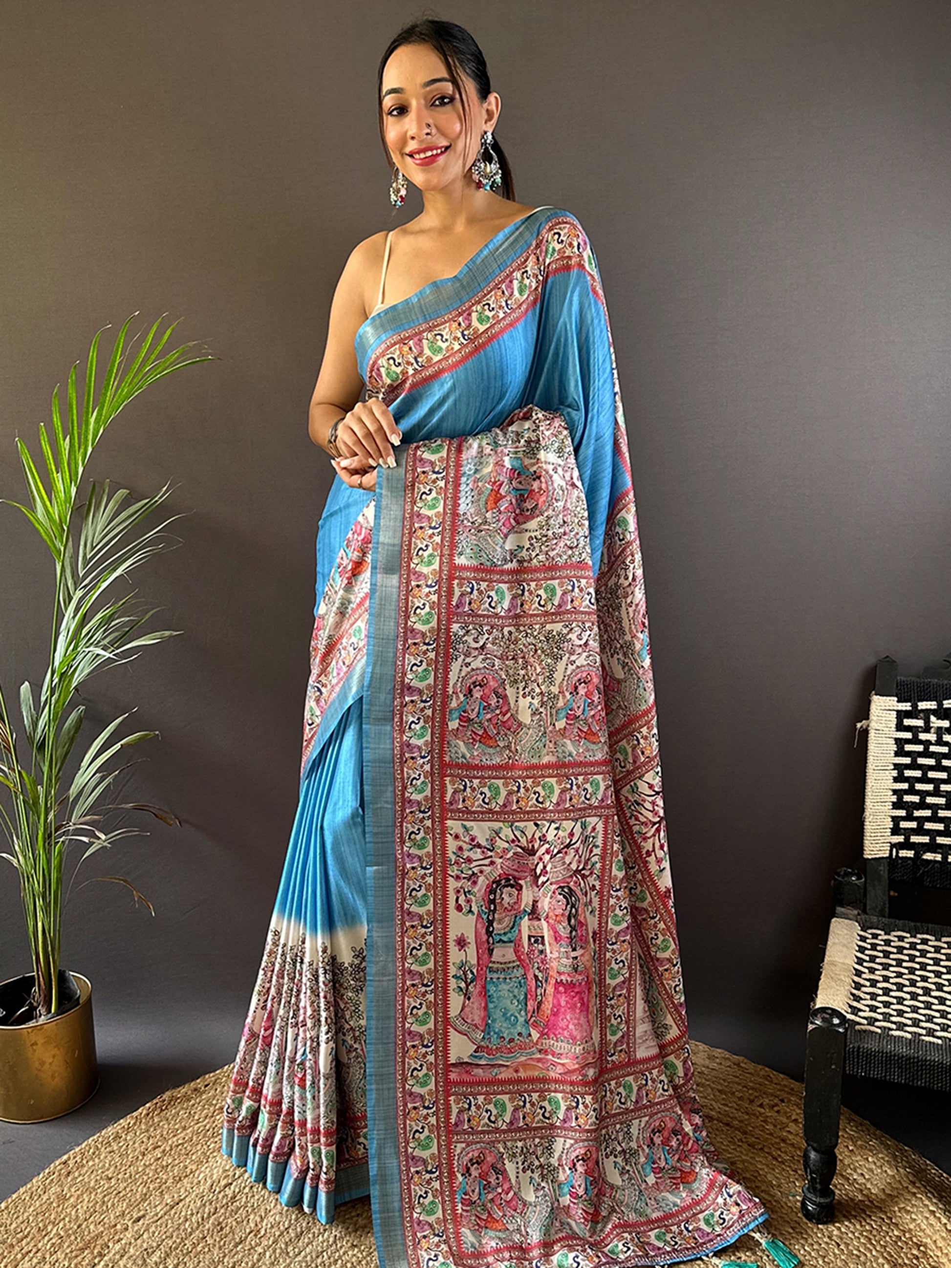 Fantastic Blue Madhubani Print Silk Event Wear Saree With Blouse