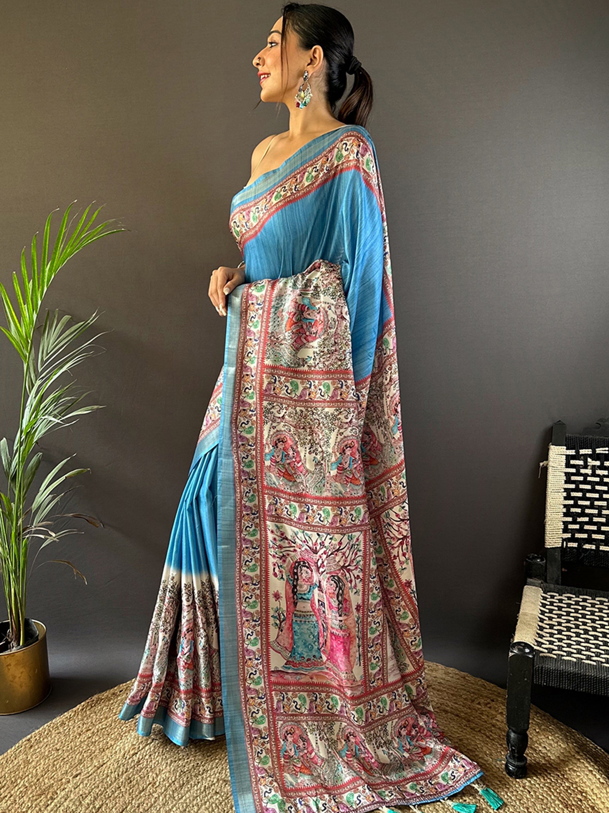 Fantastic Blue Madhubani Print Silk Event Wear Saree With Blouse