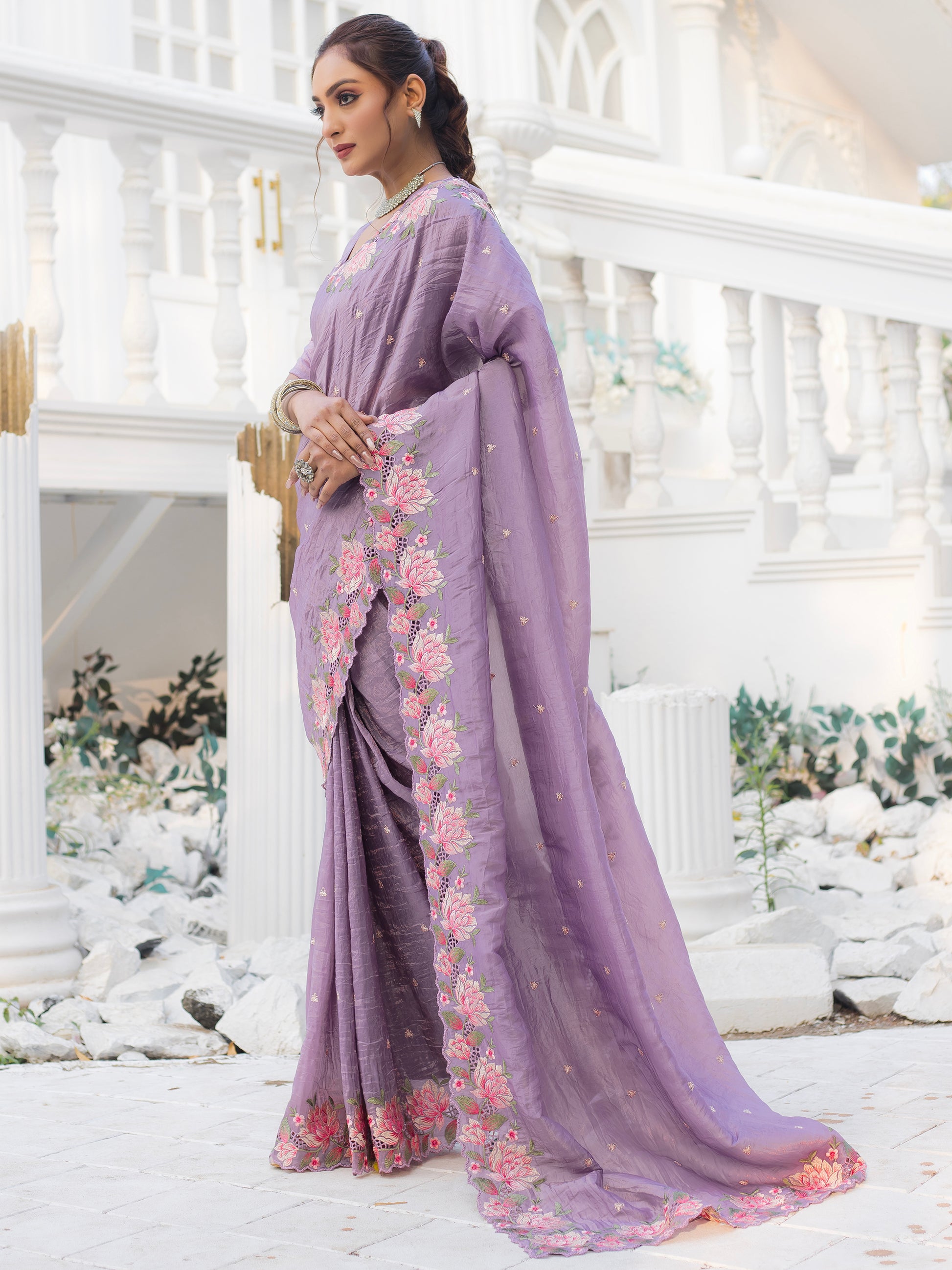 Glamorous Lavender Embroidered Silk Festive Wear Saree