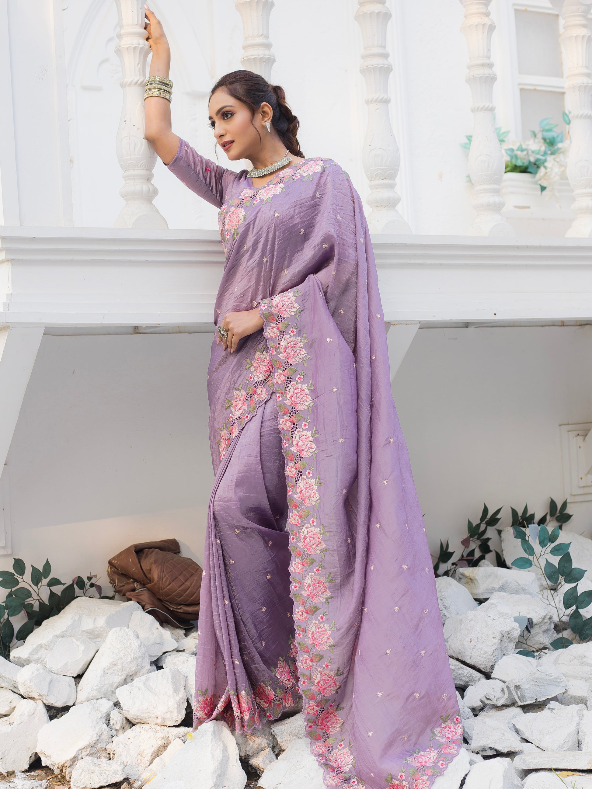 Glamorous Lavender Embroidered Silk Festive Wear Saree