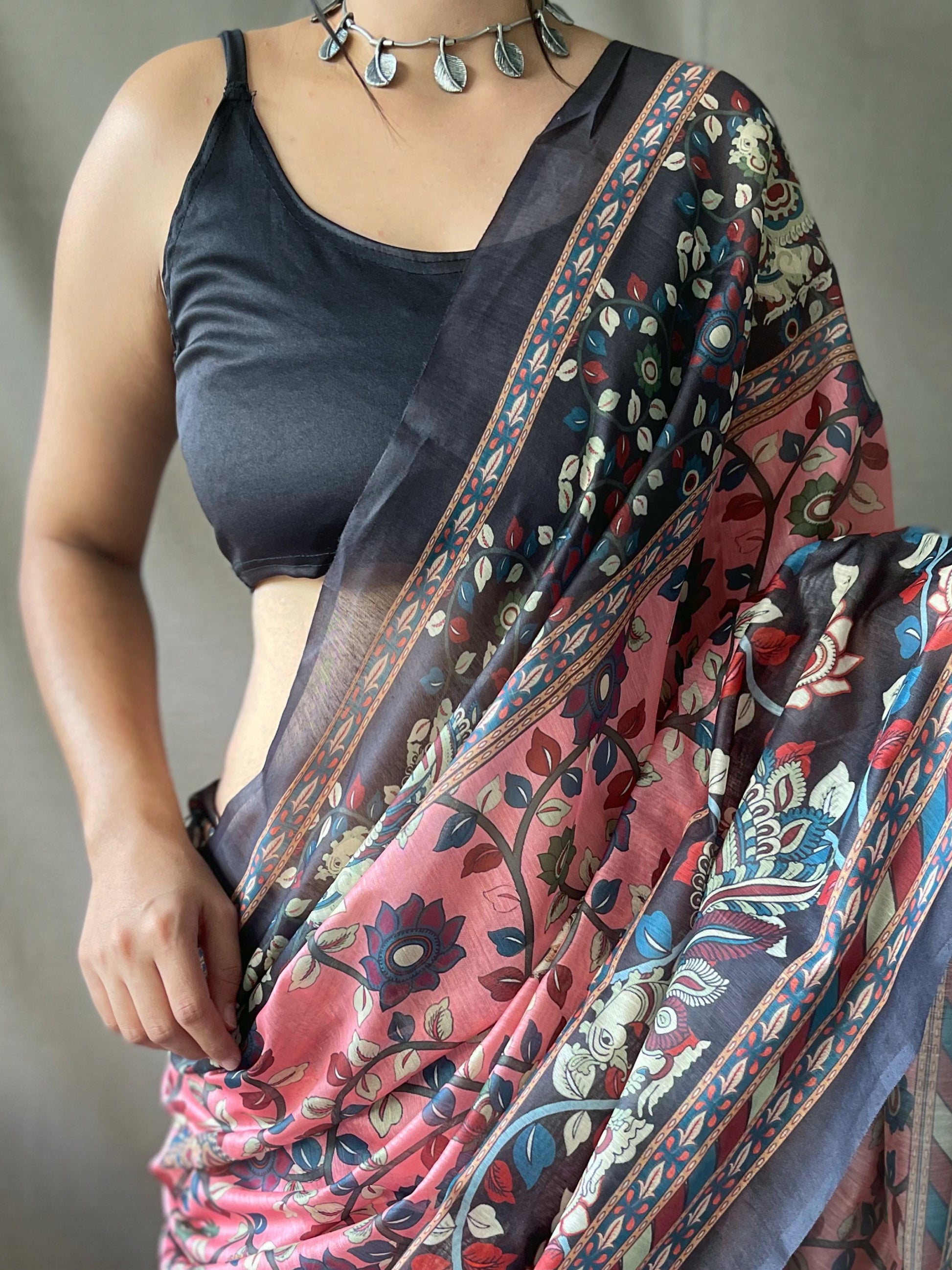 Gorgeous Pink Kalamkari Printed Cotton Festival Wear Saree With Blouse